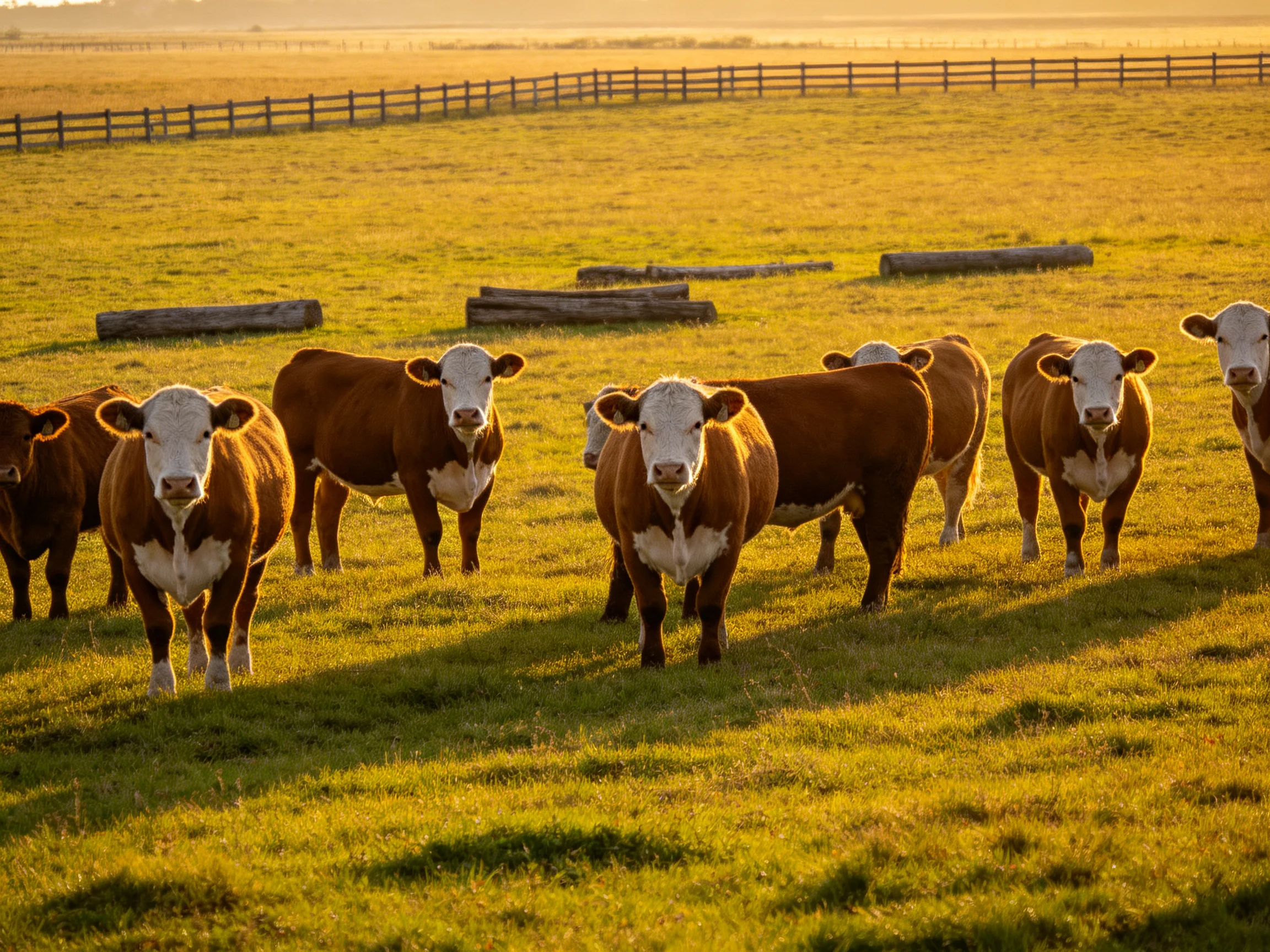 A herd of brown-and-white cattle in a sunlit pasture