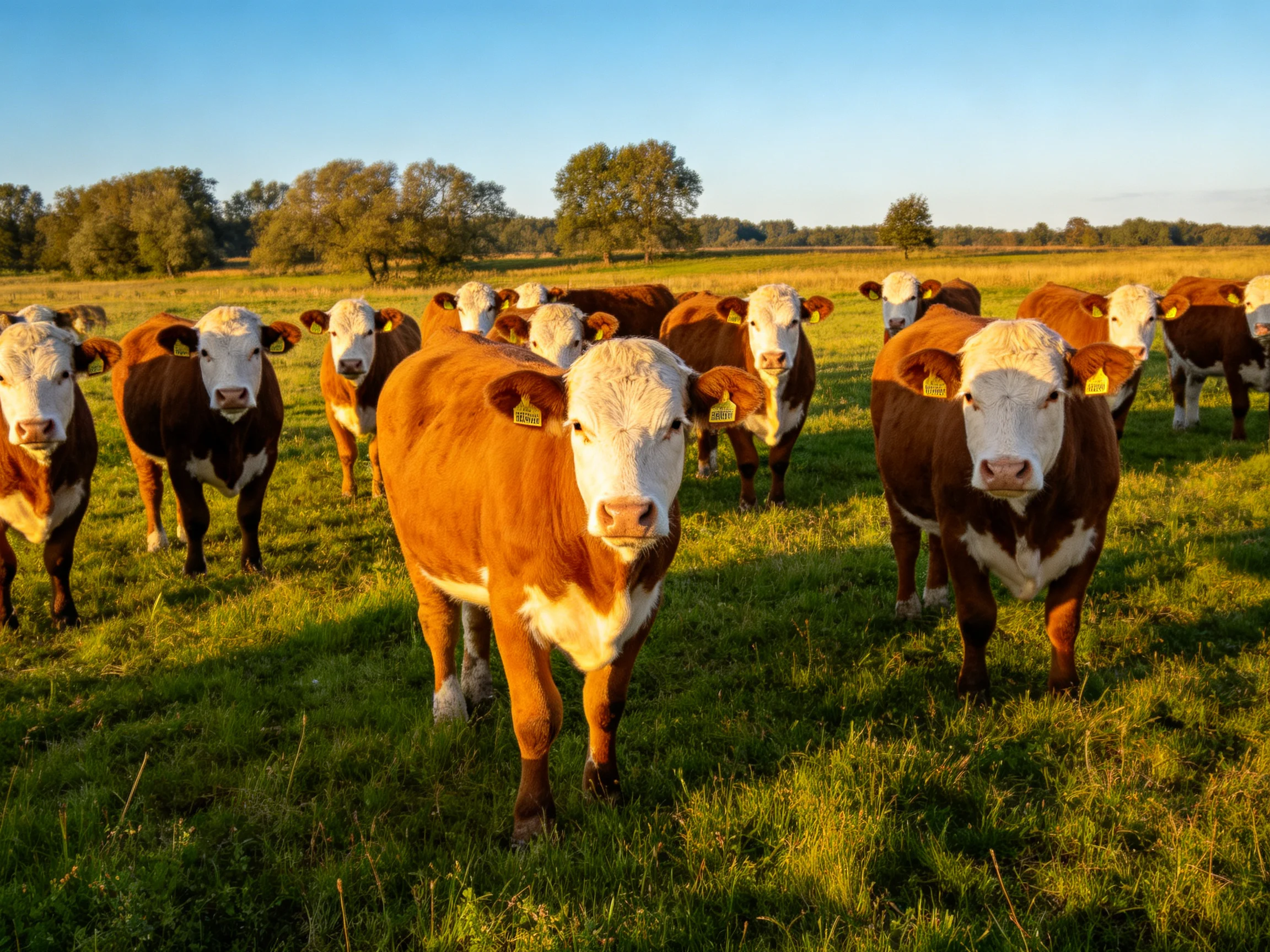 A herd of brown and white cattle in a sunlit pasture