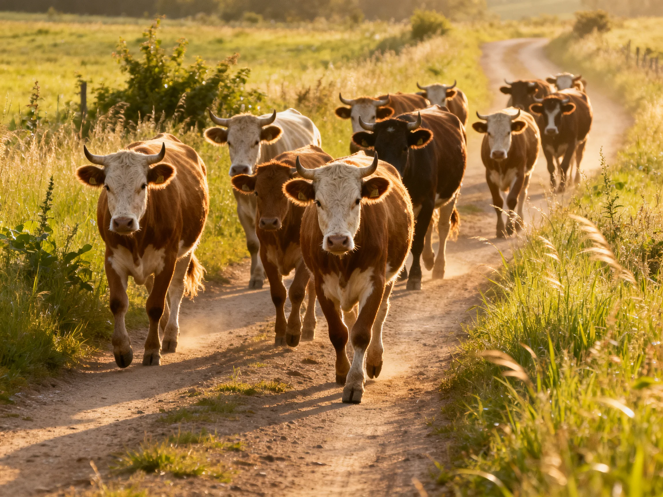 A herd of brown and white cattle marches along a dusty country path