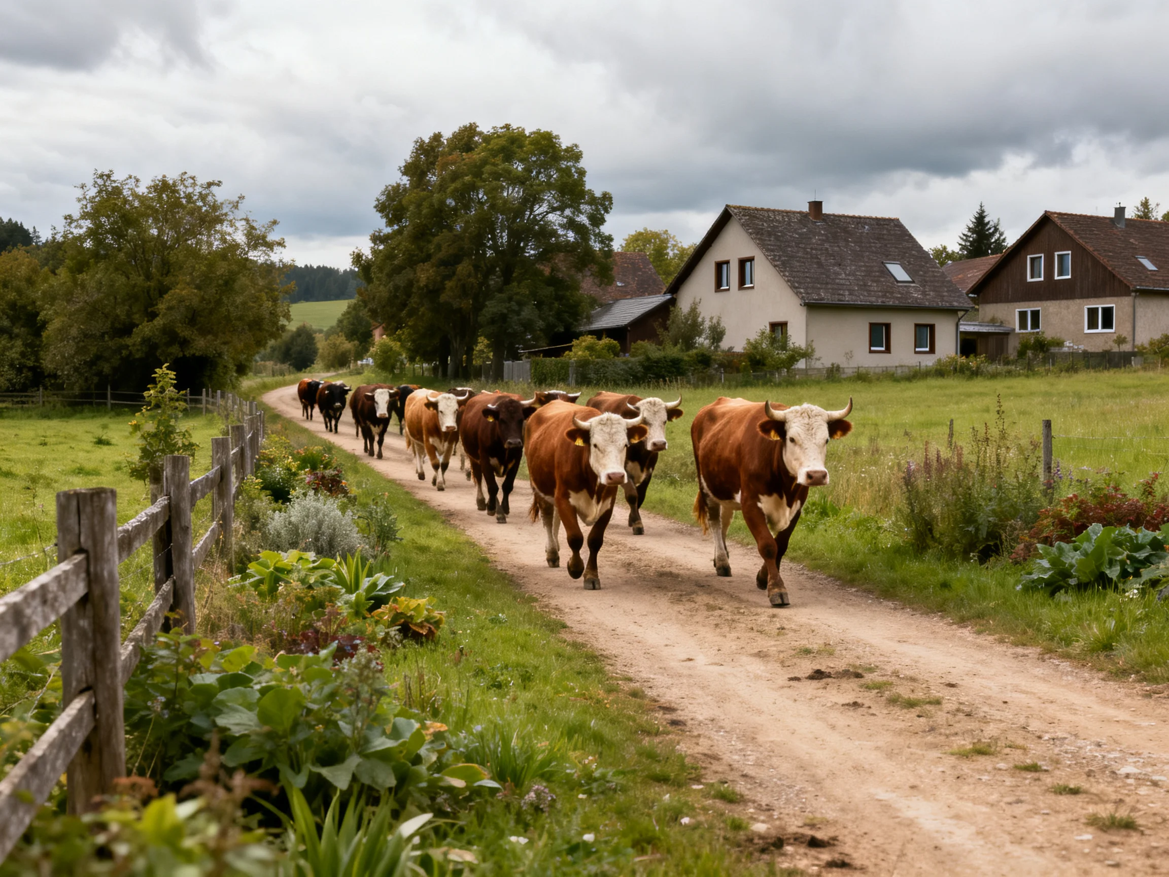 A herd of brown and white cattle marches along a dusty rural path near homes