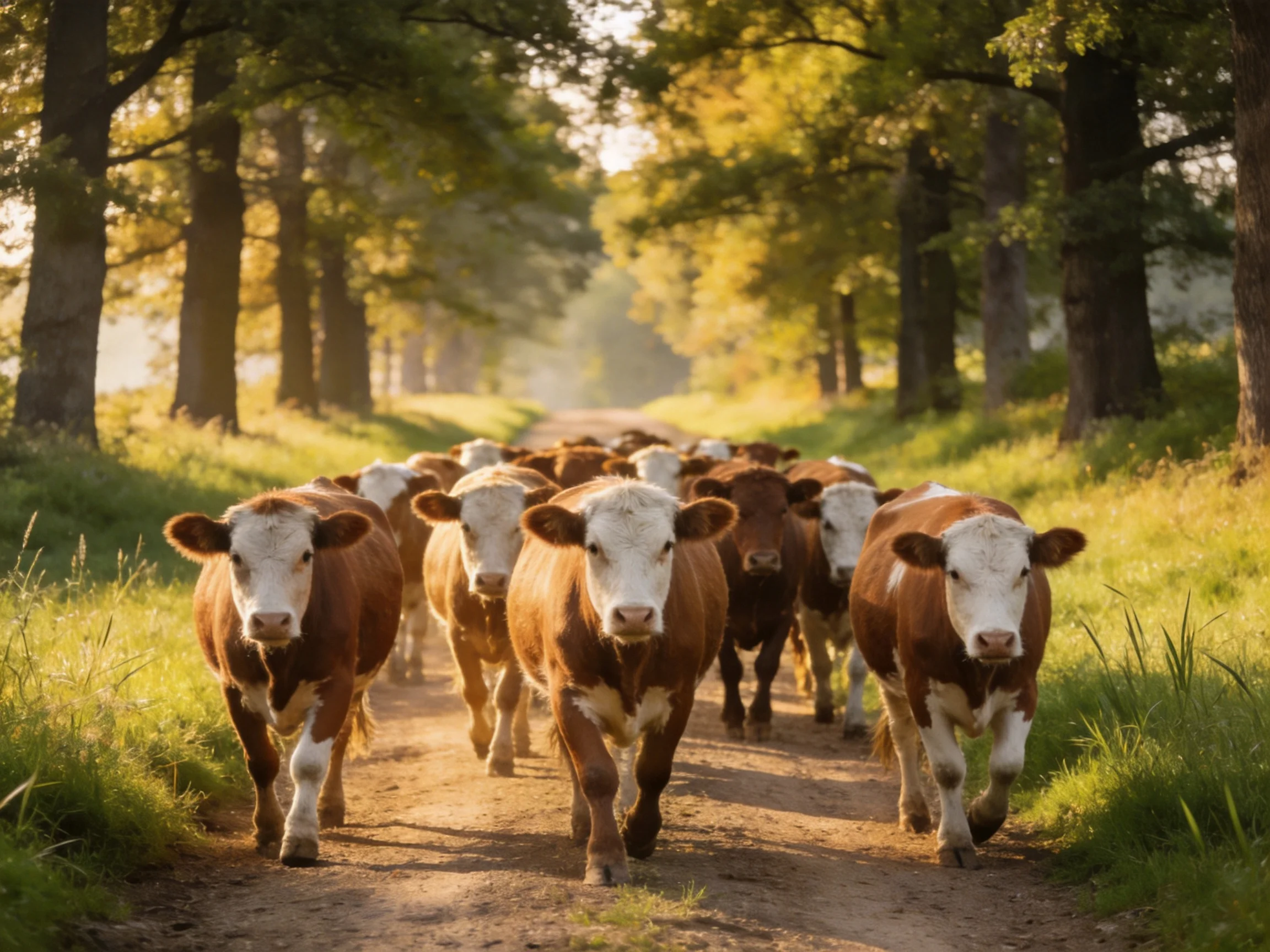 A herd of brown-and-white cattle marches down a sunlit forest path
