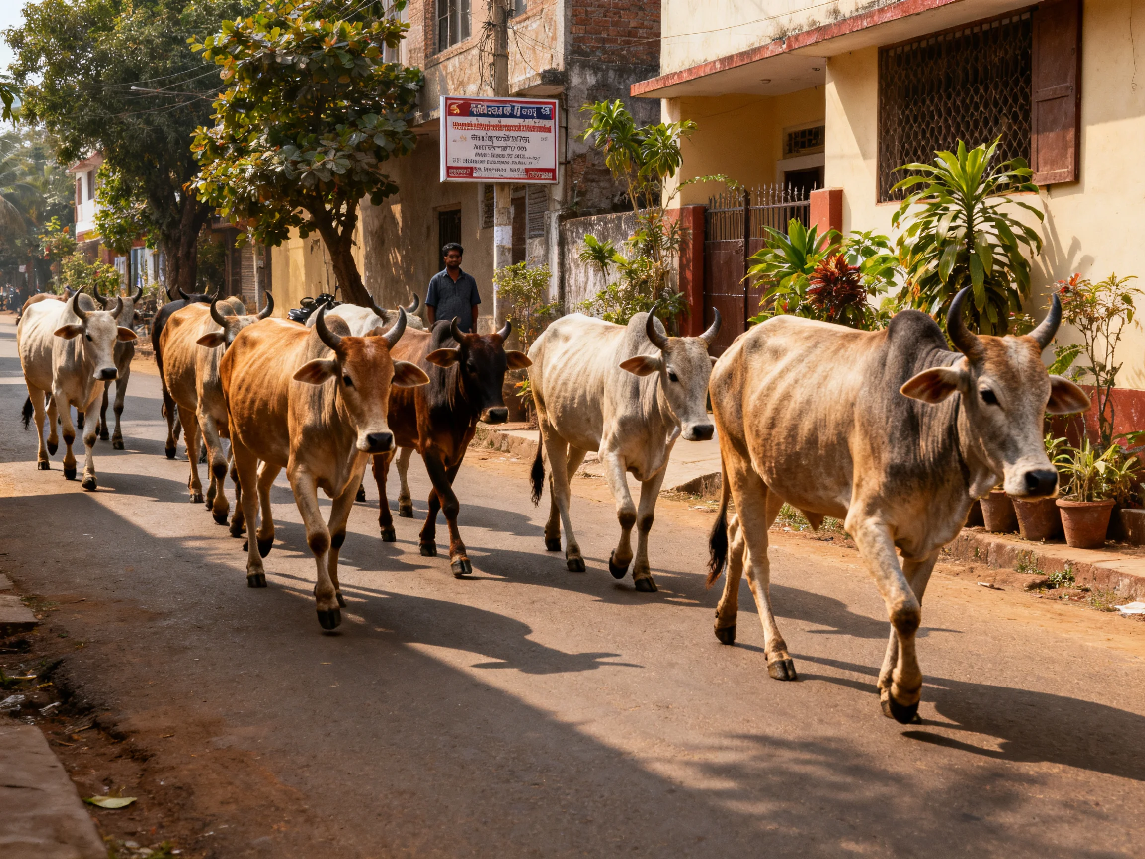 A herd of brown and white cattle marches down a sunlit village road