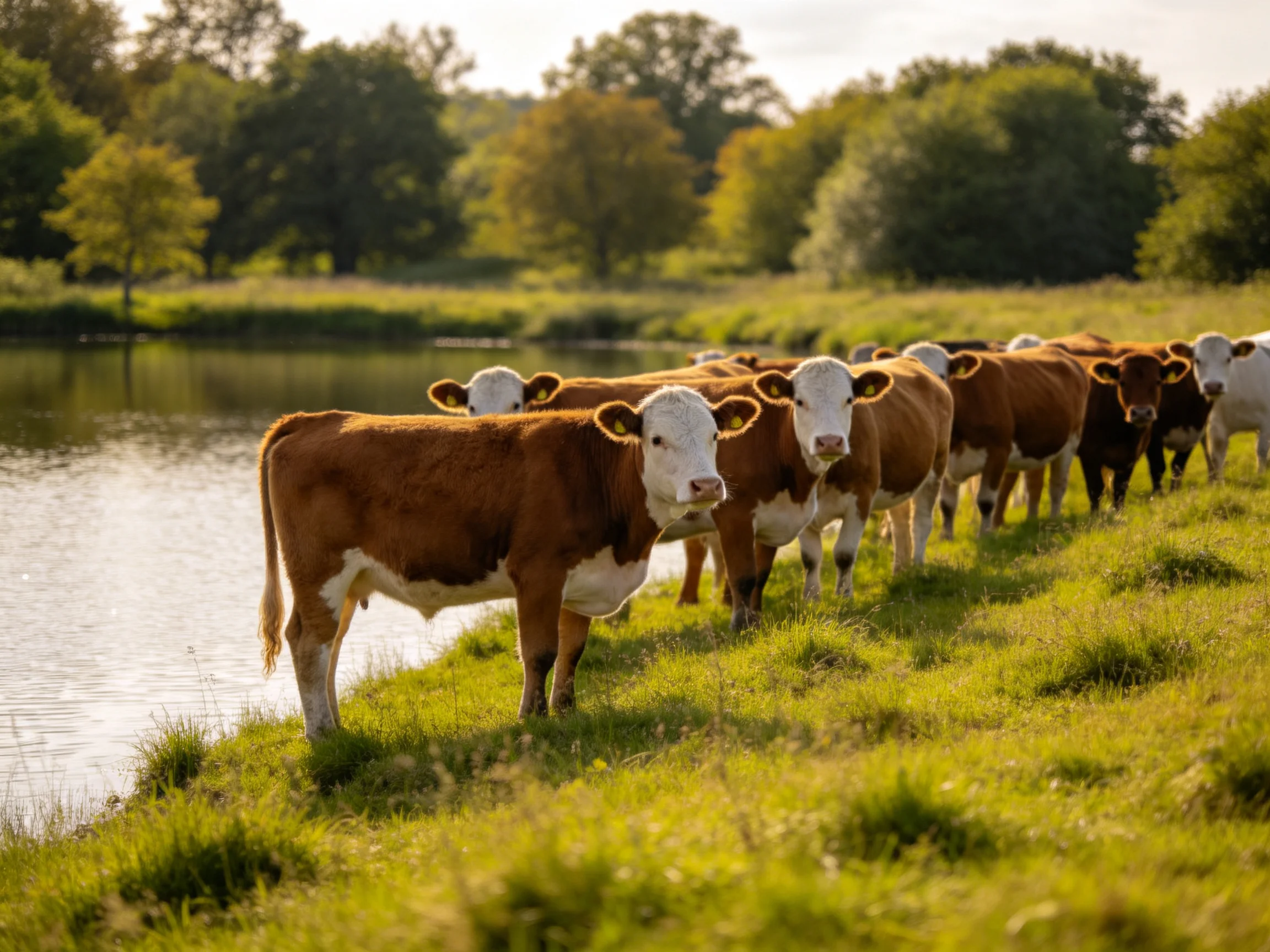 A herd of brown and white cattle near a calm riverbank
