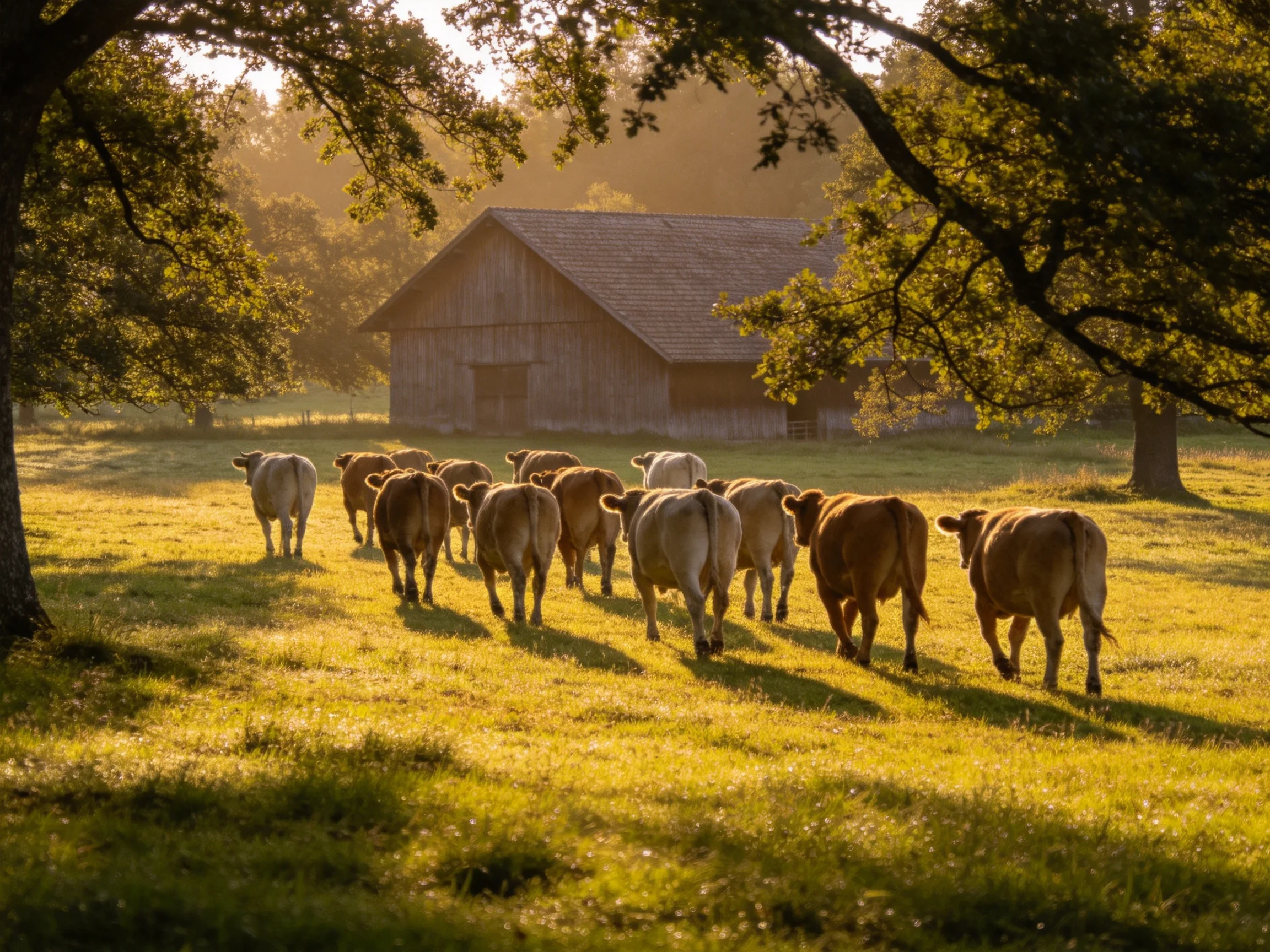 A herd of brown and white cattle near an aged wooden barn under golden light