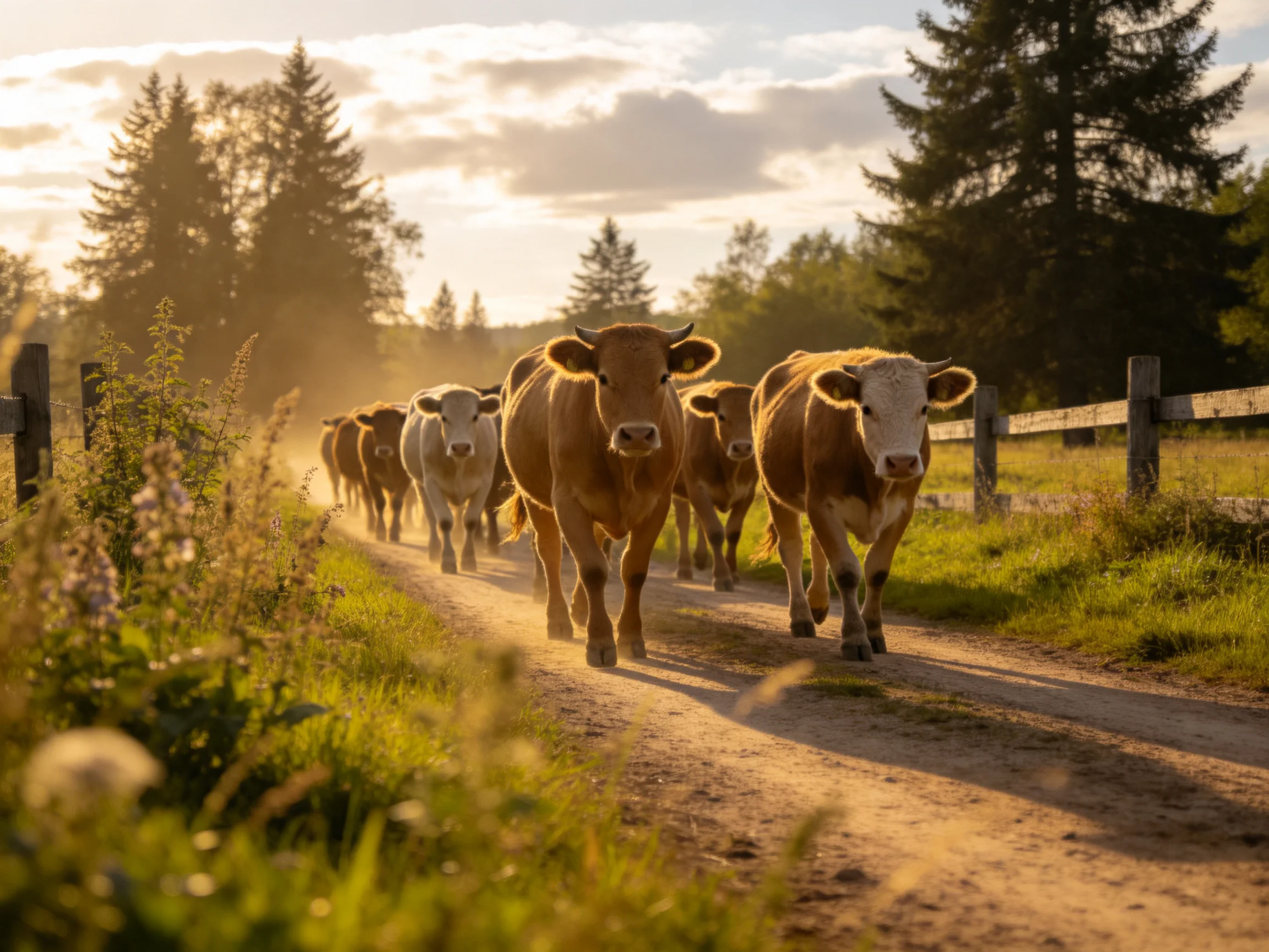 A herd of brown and white cattle walking down a sunlit dirt road