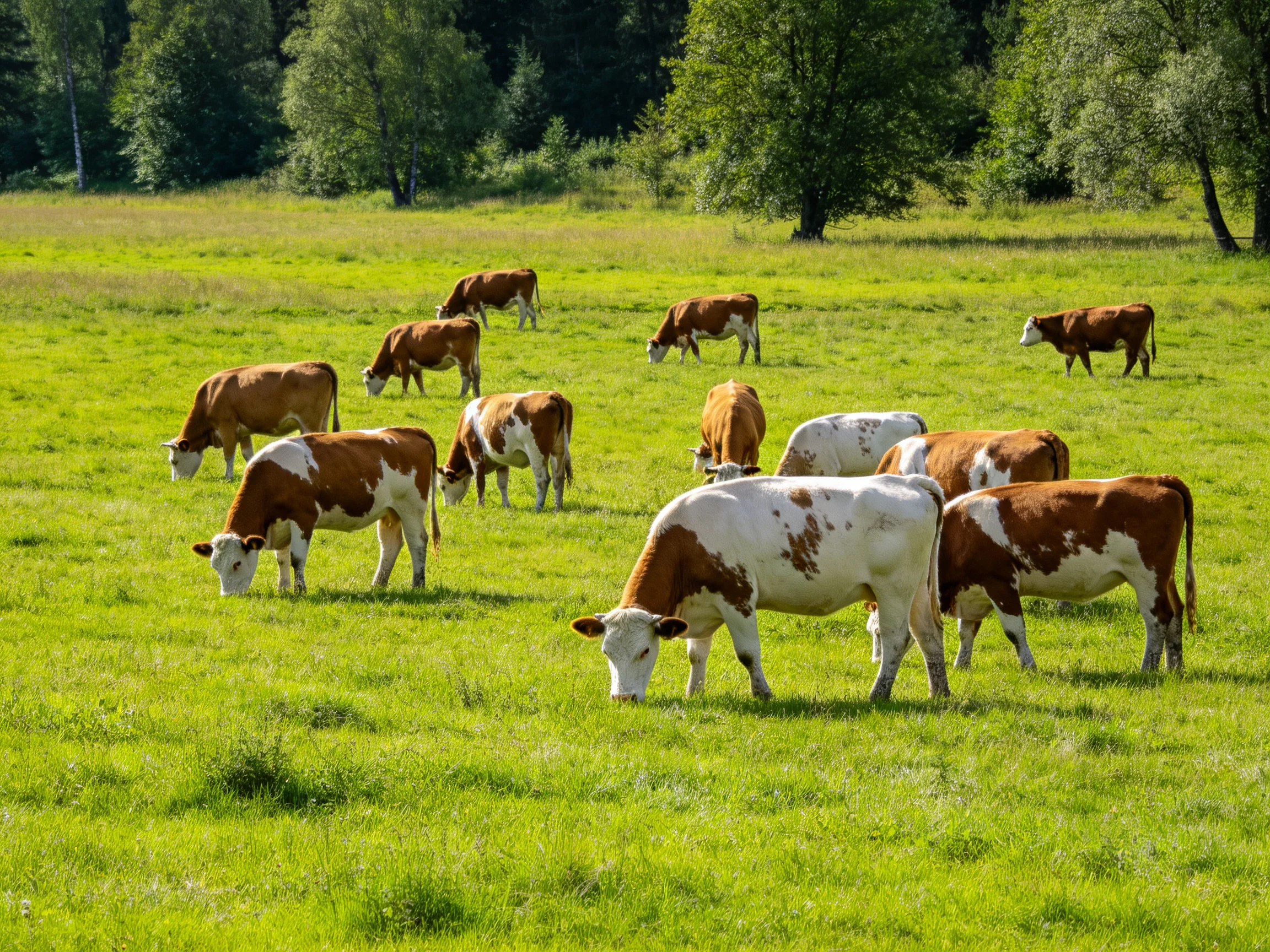 A herd of brown and white cows grazes in a sun-drenched green pasture