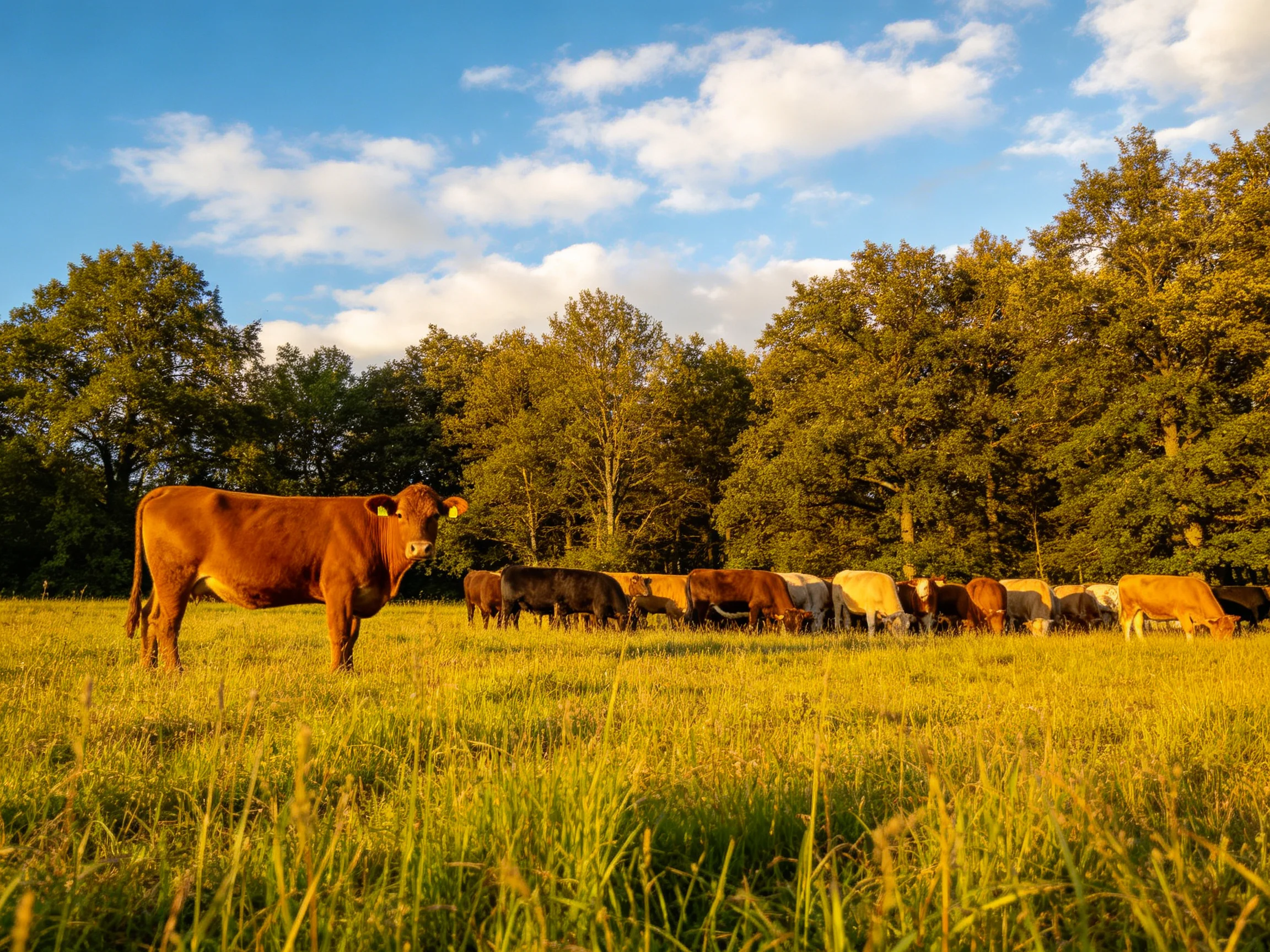 A herd of brown and white cows grazing in a sunlit green pasture near dense trees