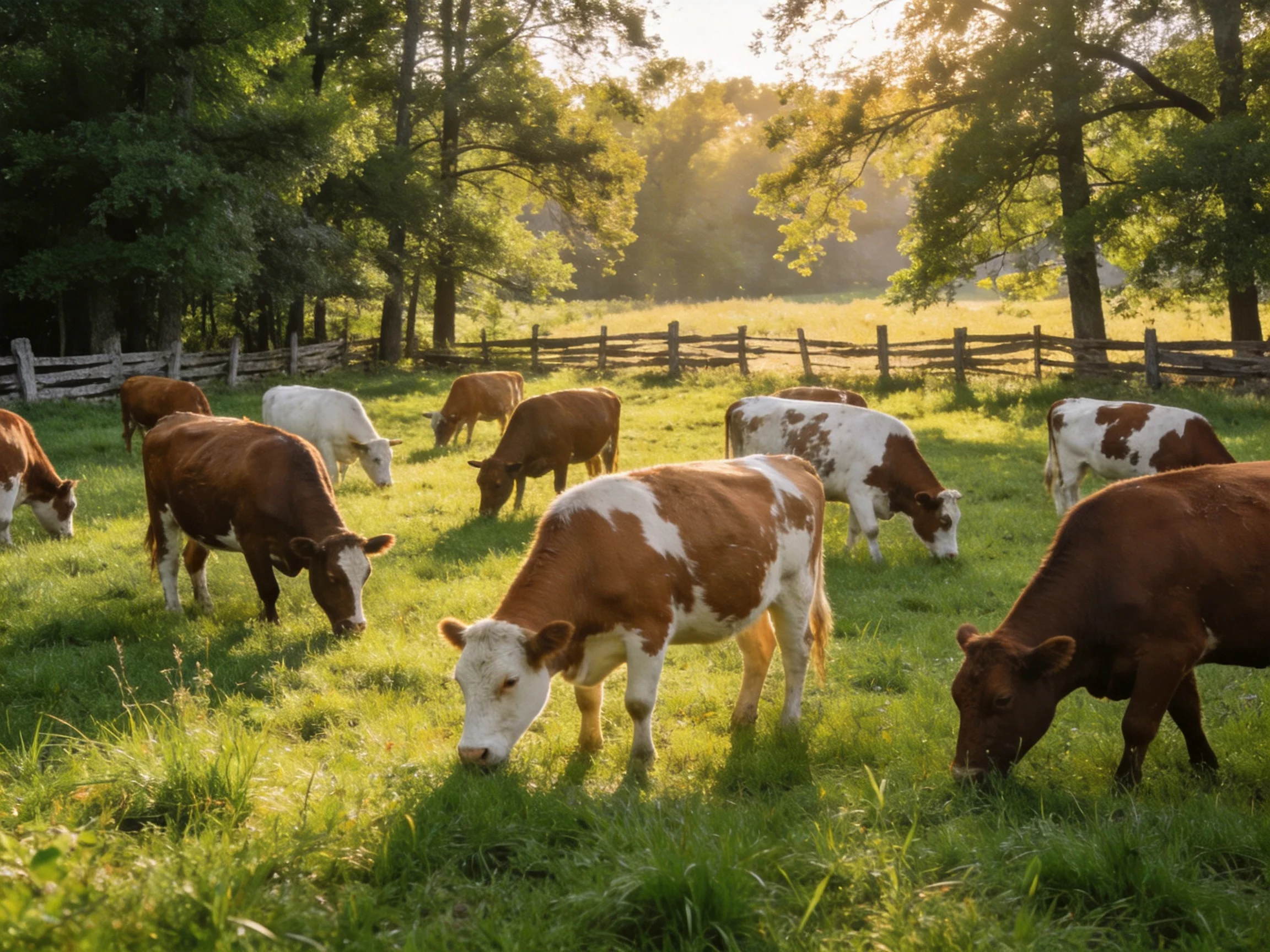 A herd of brown and white cows grazing in a sunlit pasture
