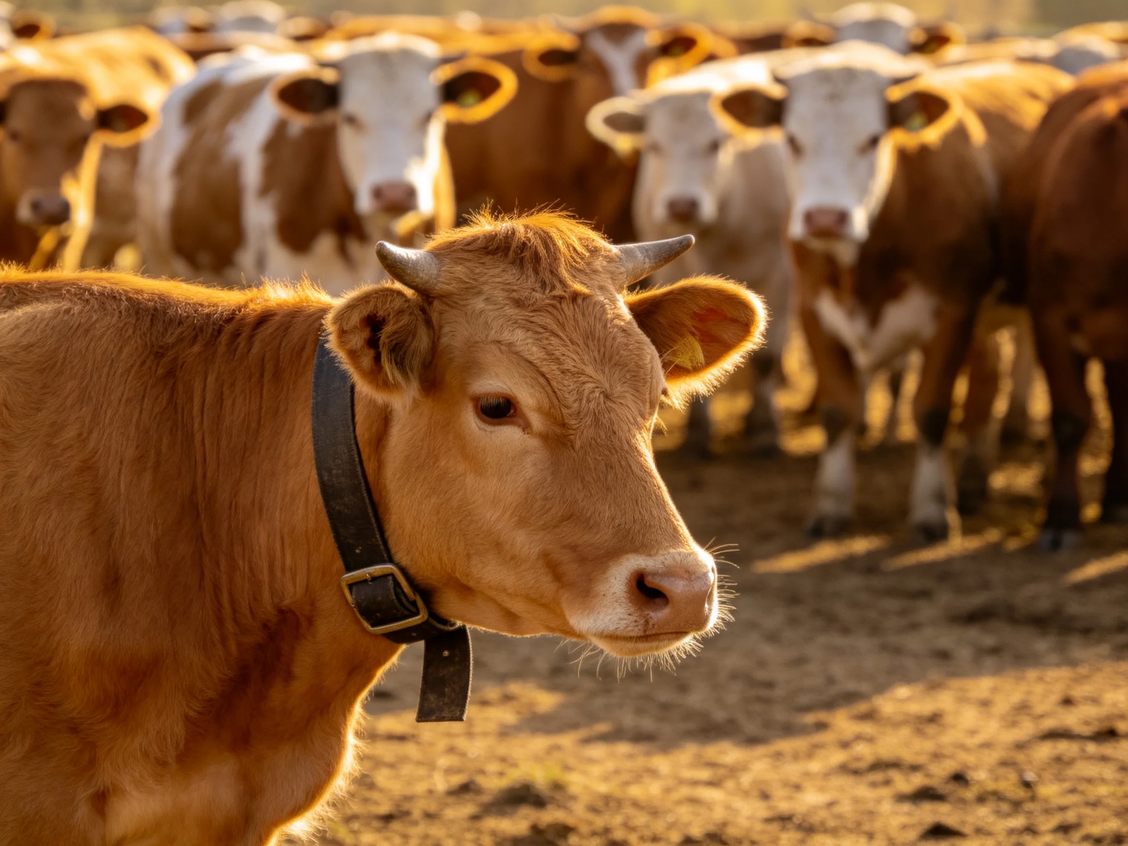 A herd of brown and white cows illuminated by golden sunlight