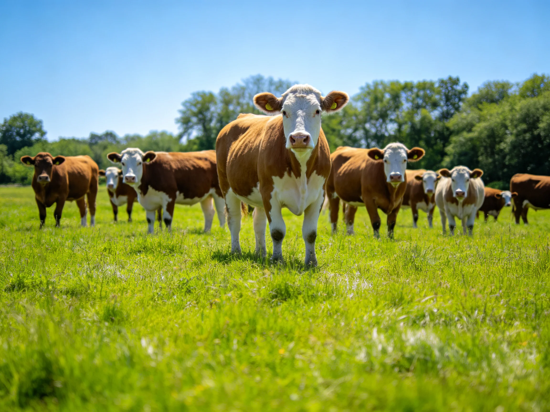 A herd of brown and white cows in a lush green pasture