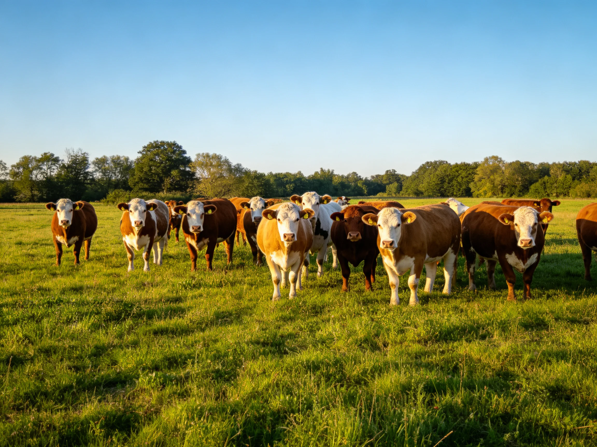 A herd of brown and white cows in a sunlit green pasture