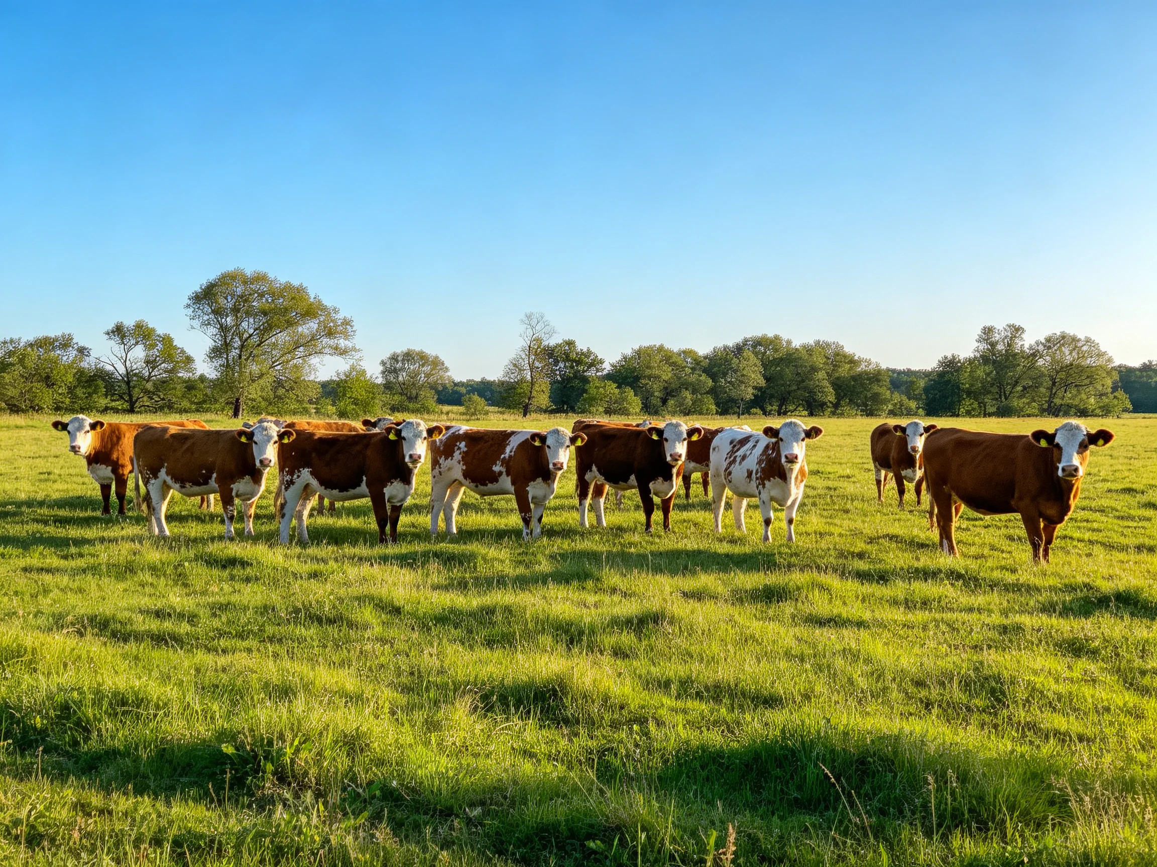A herd of brown and white cows in a sunlit green pasture under blue sky