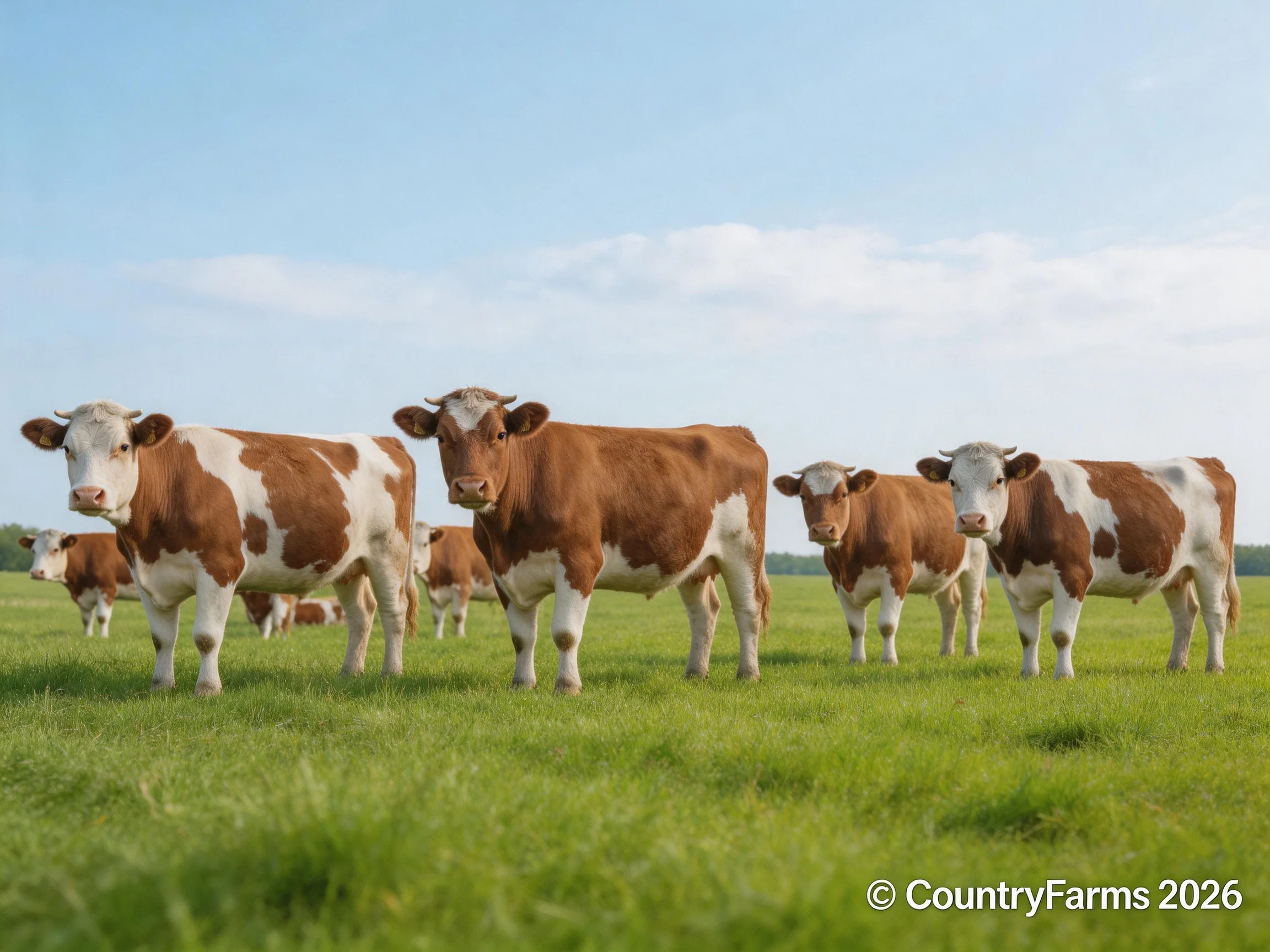 A herd of brown and white cows in a sunlit pasture