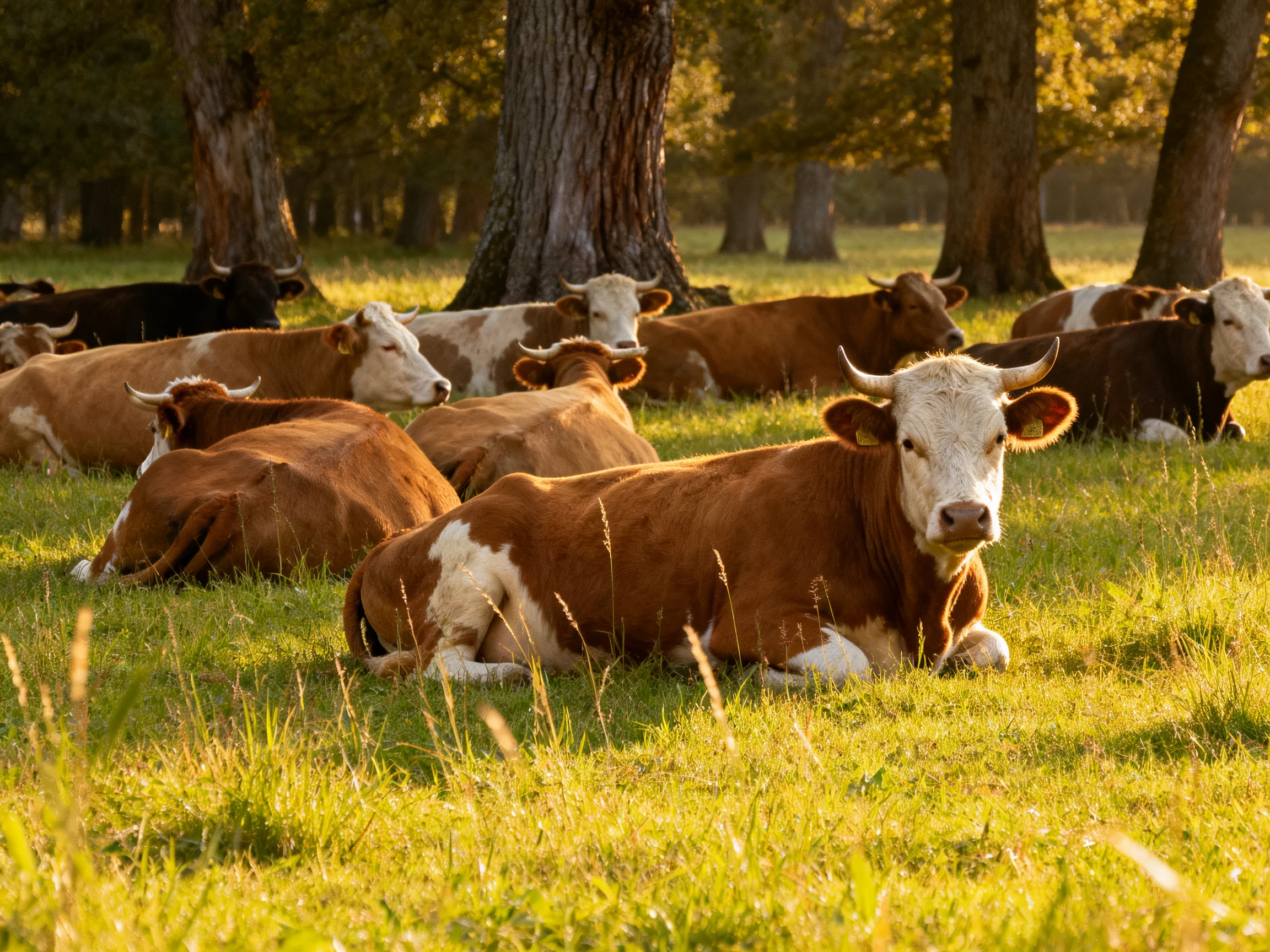 A herd of brown and white cows rests in a sunlit forest clearing