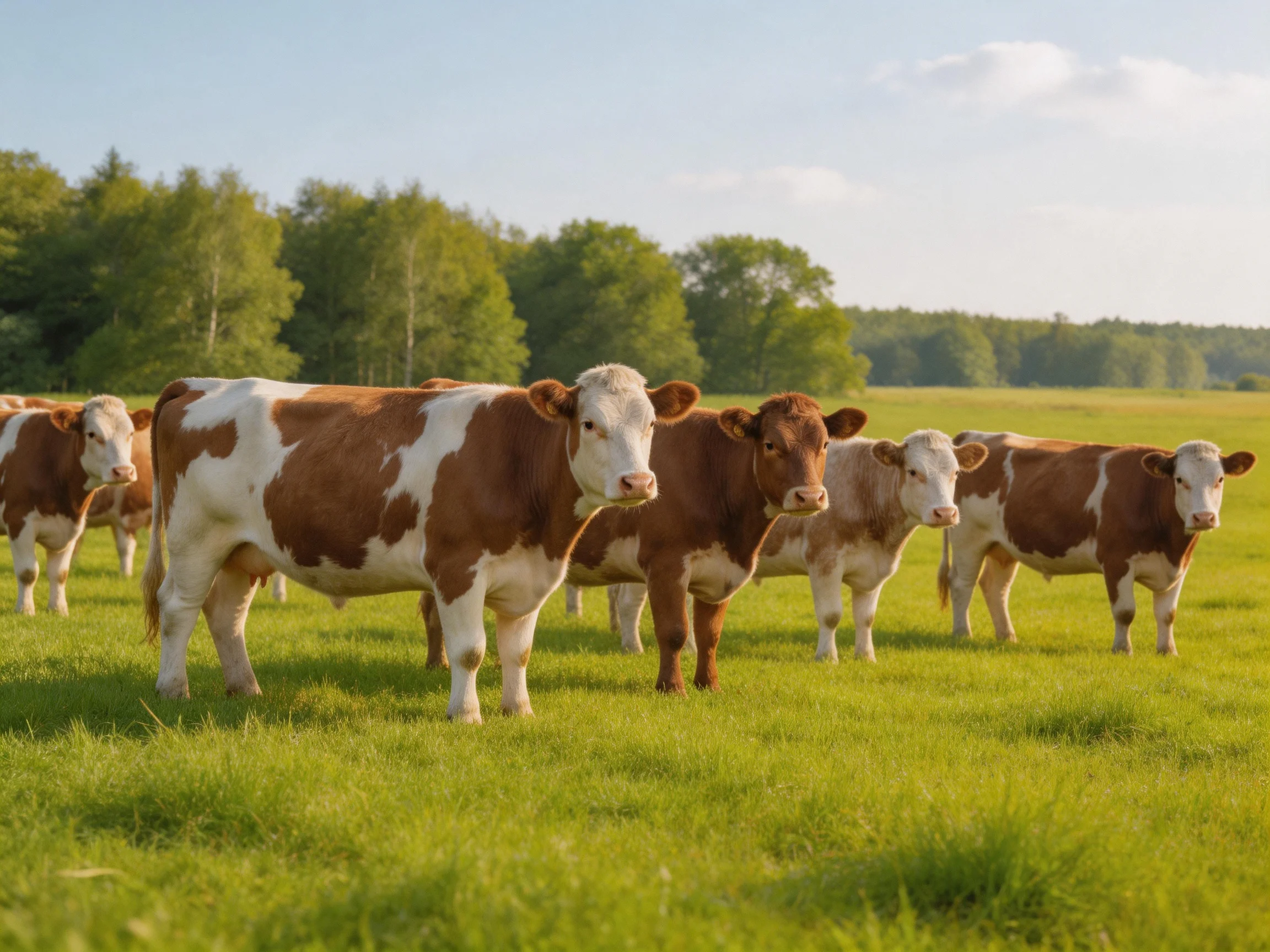 A herd of brown-and-white cows stands in a sunlit green pasture