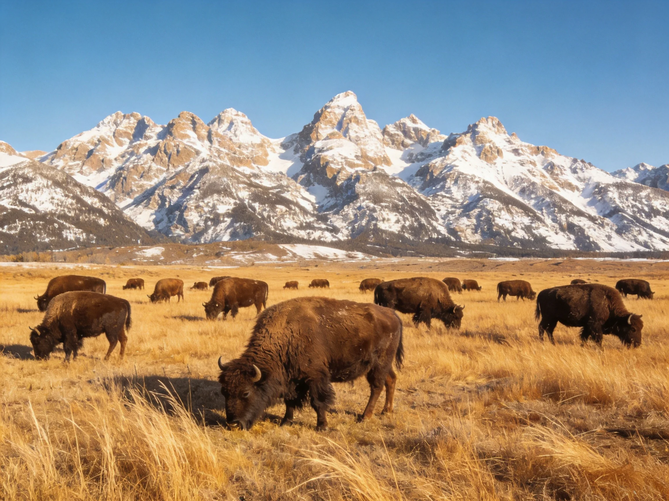 A herd of brown bison grazes in a golden field near snow-capped mountains