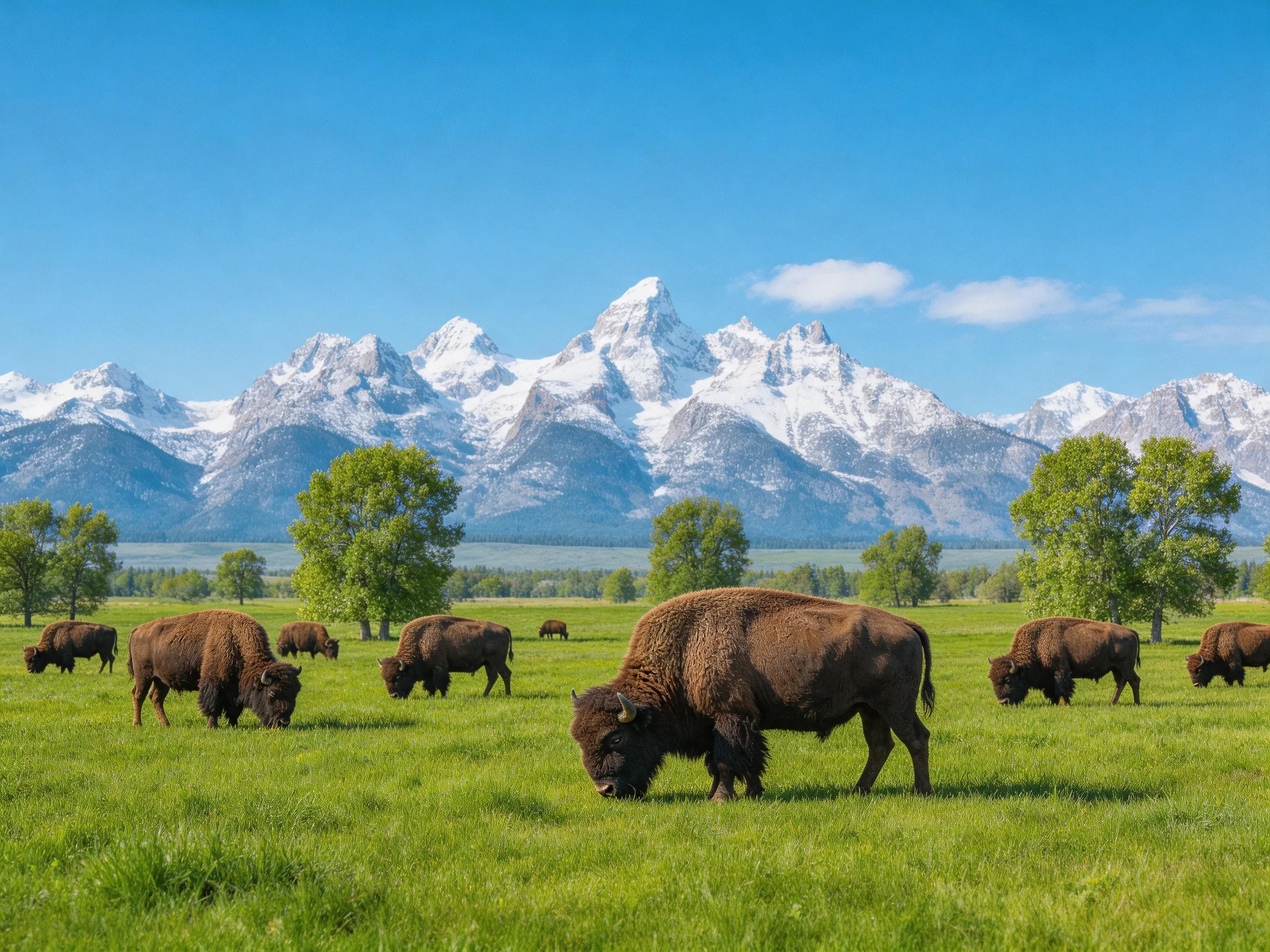 A herd of brown bison grazes in a lush green meadow near snow - capped peaks