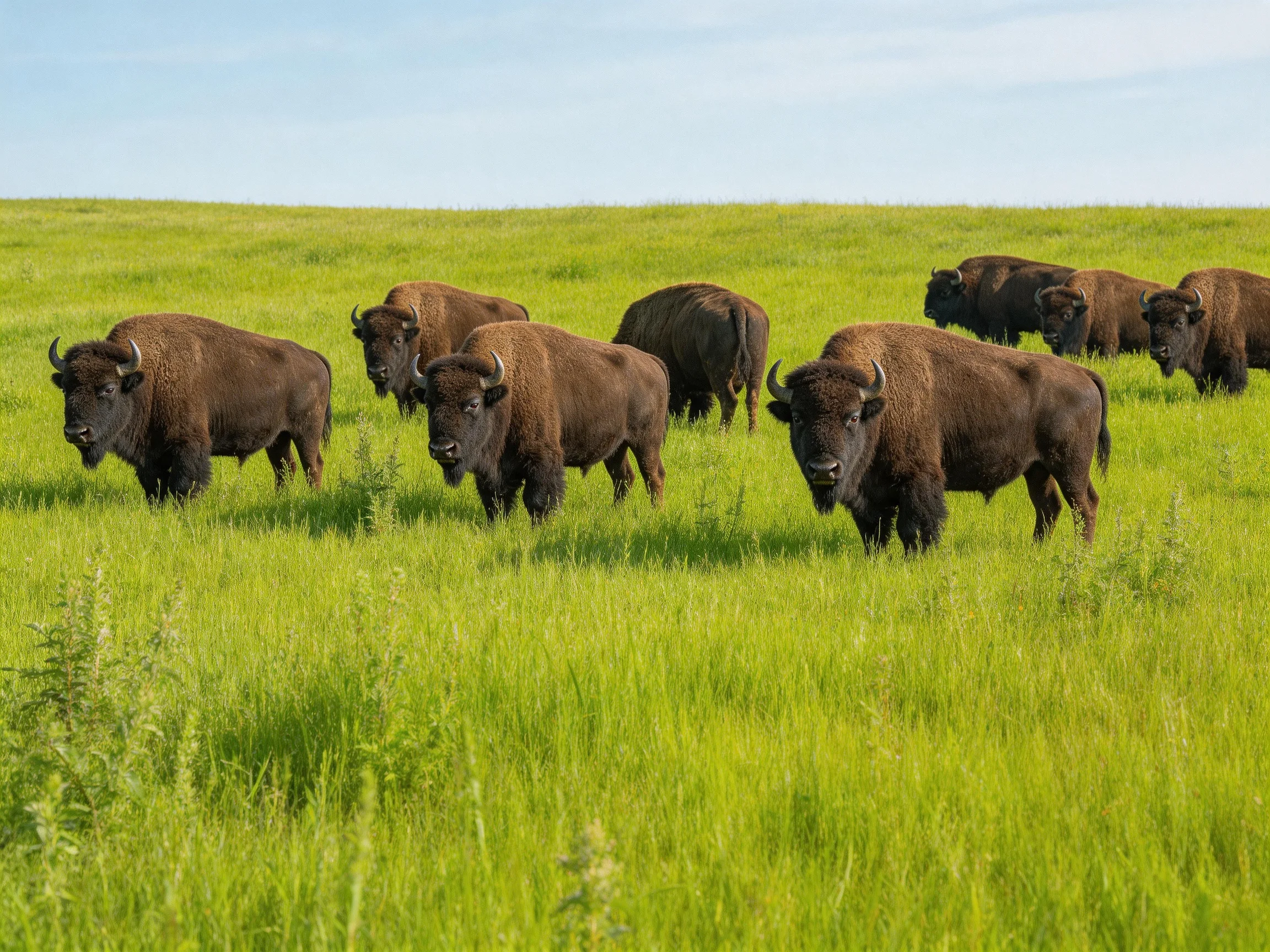 A herd of brown bison grazing in a lush green meadow