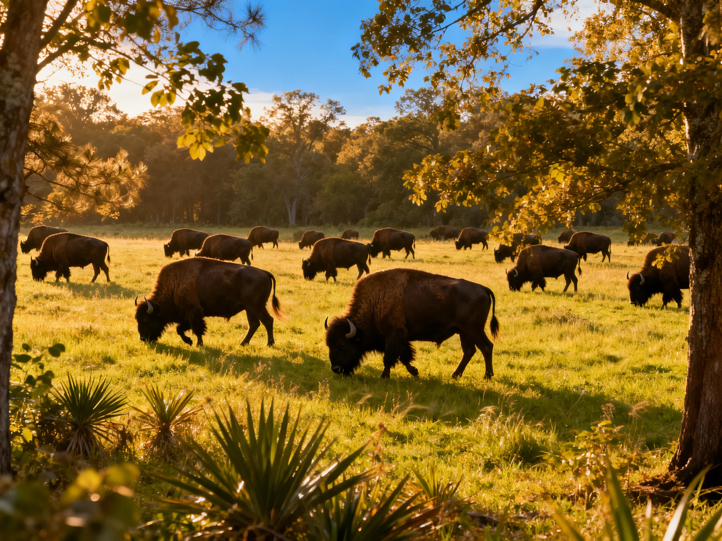 A herd of brown bison grazing in a sunlit green meadow