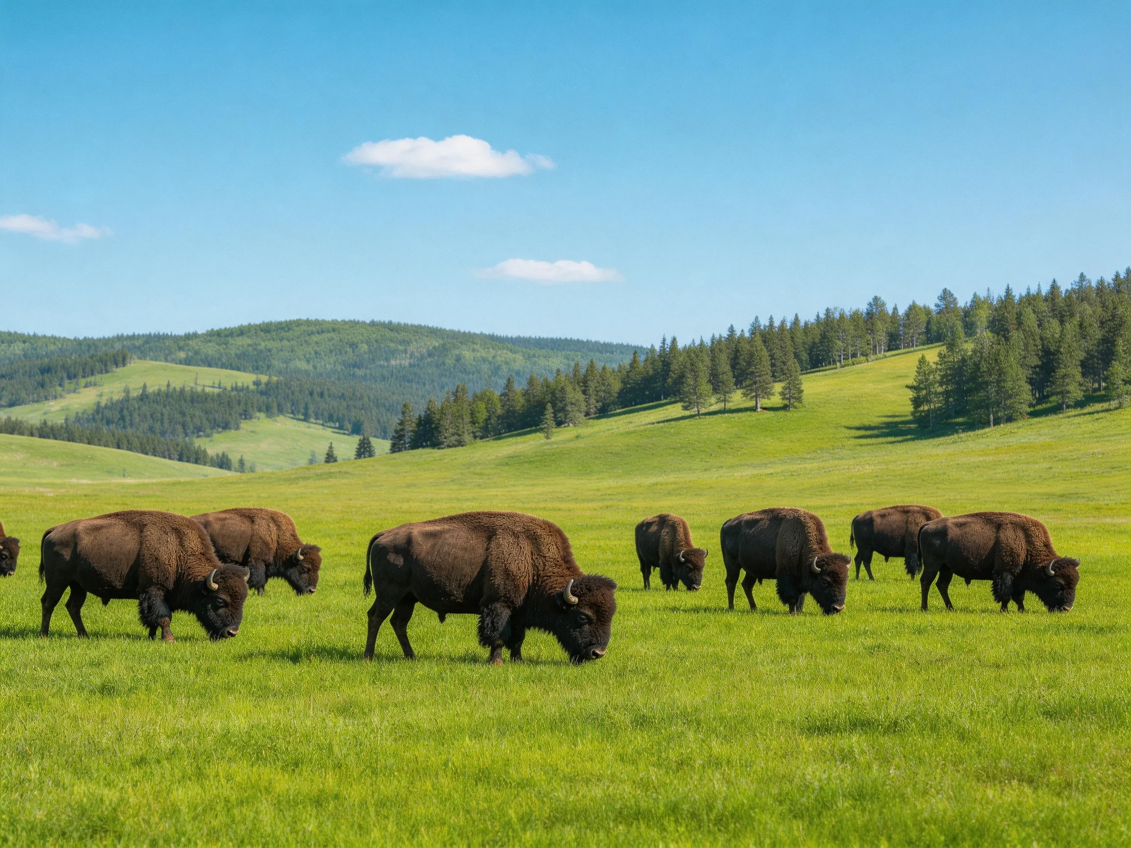 A herd of brown bison grazing in a verdant meadow near forested hills