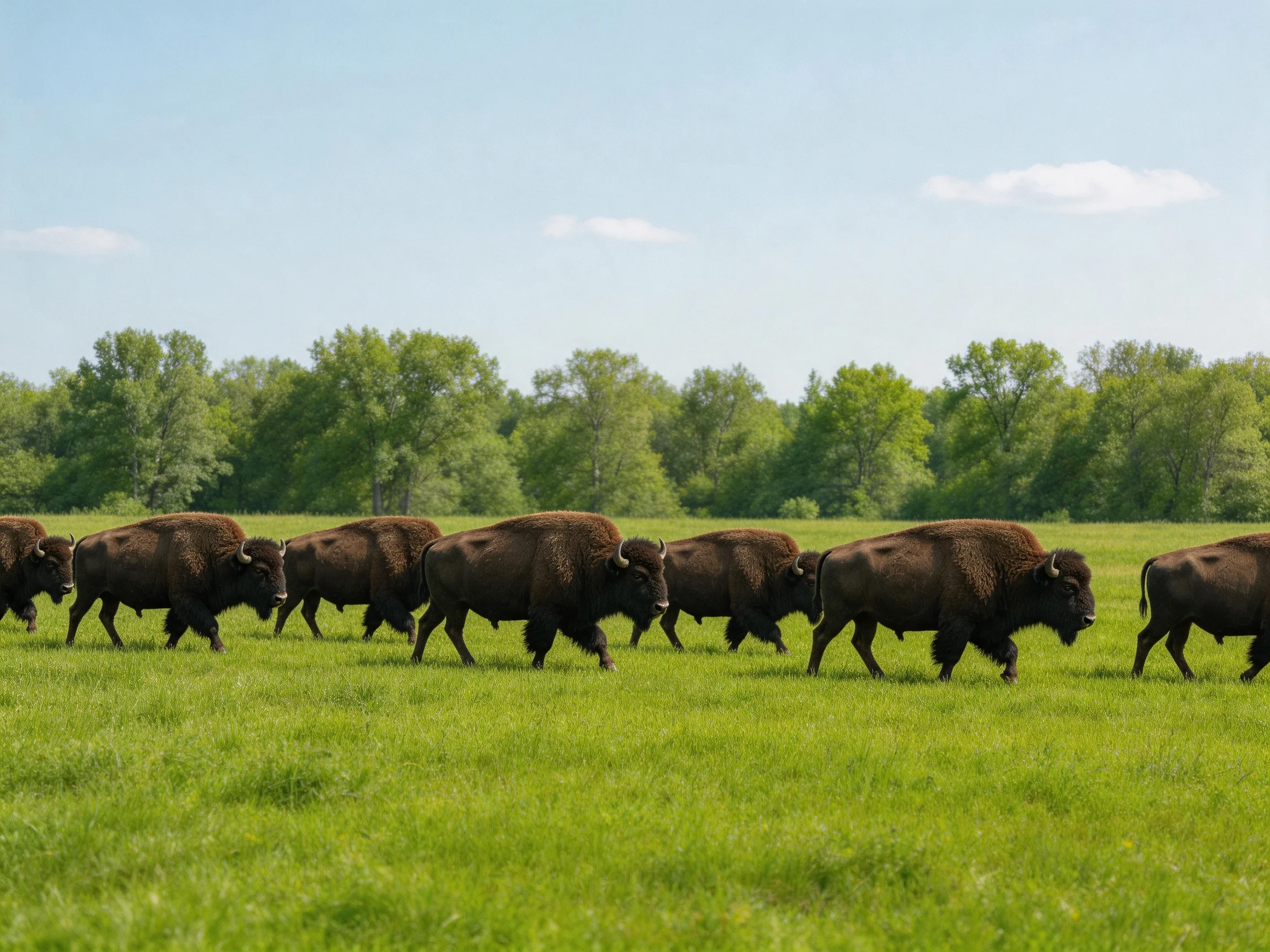 A herd of brown bison marching through a lush green meadow