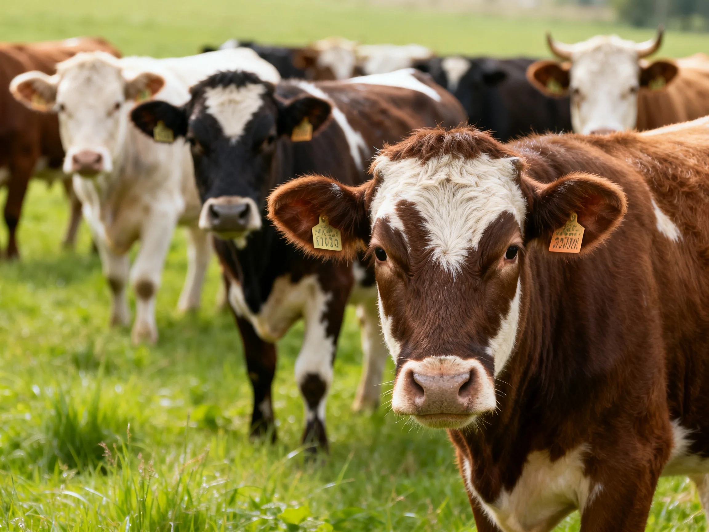 A herd of brown, black, and white cows in a sunlit pasture