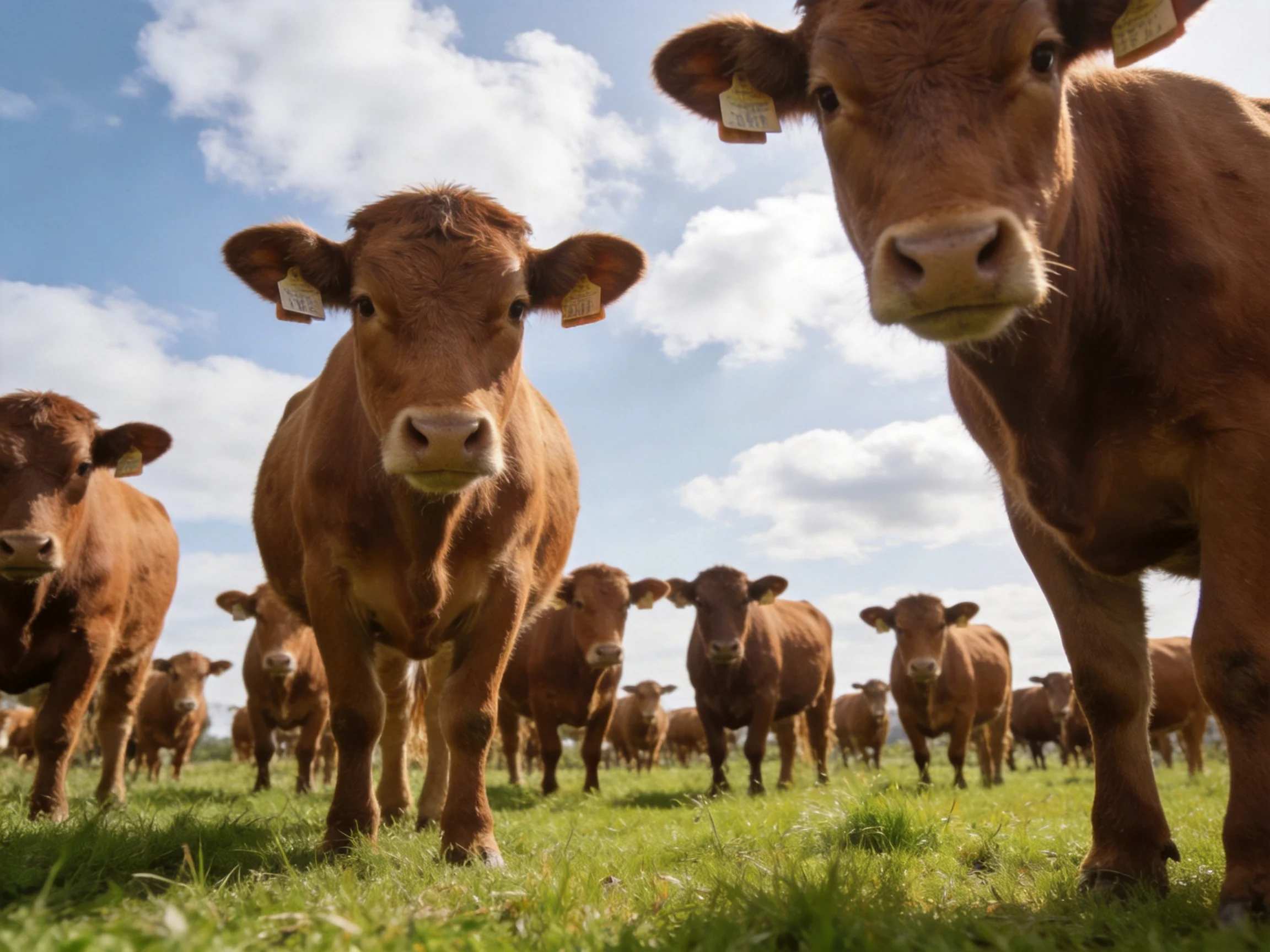 A herd of brown cattle gathered in a sunlit green pasture