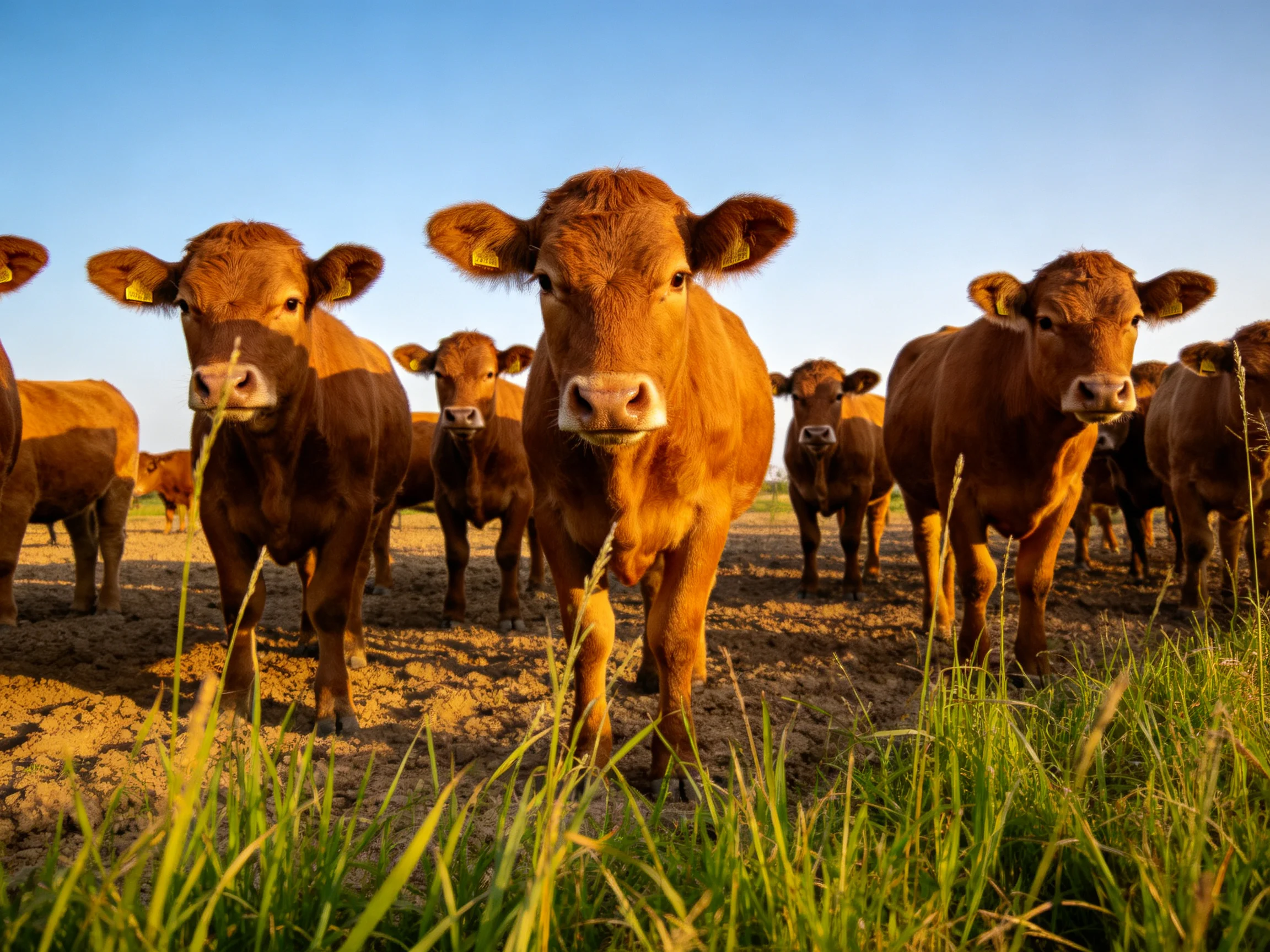 A herd of brown cattle gathered in a sunlit open field