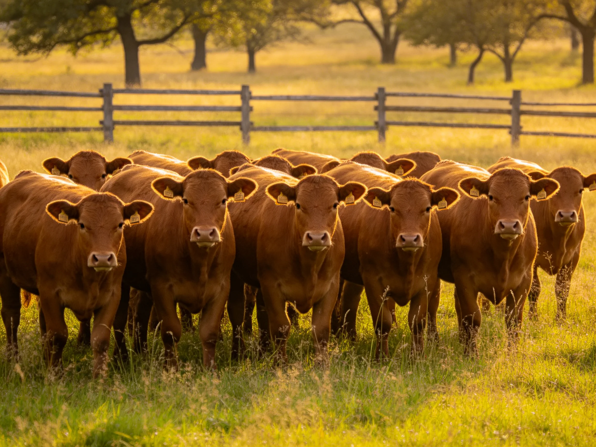 A herd of brown cattle gathered in a sunlit pasture