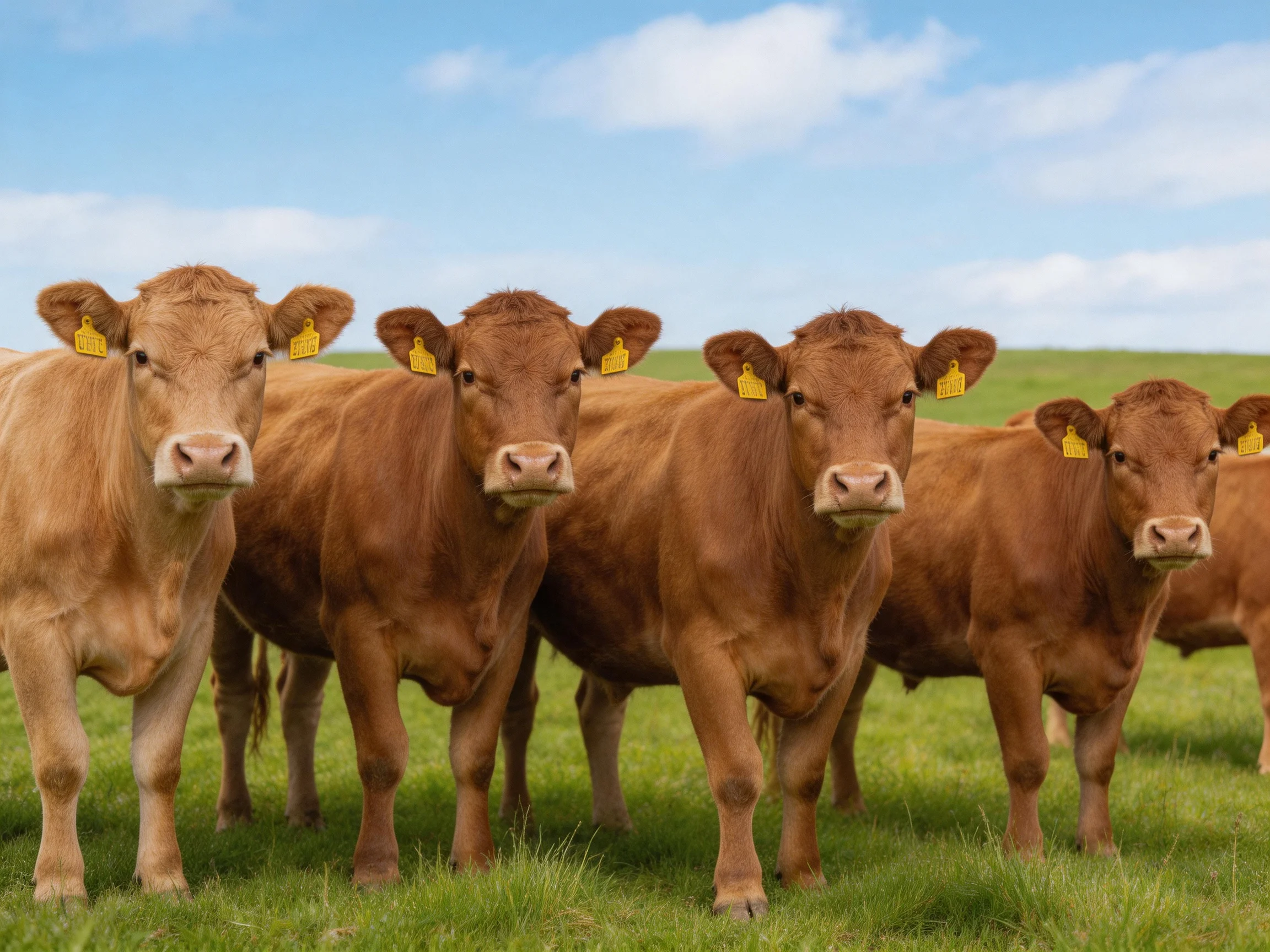 A herd of brown cattle gathers in a green pasture beneath a blue sky