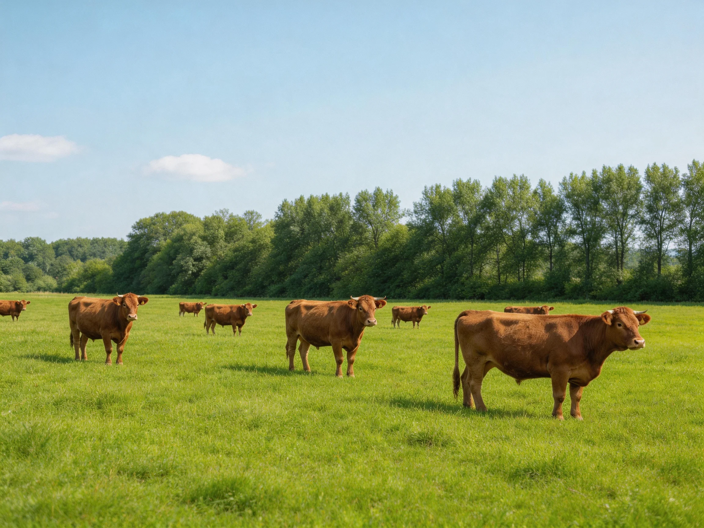 A herd of brown cattle grazes in a lush green pasture near tall trees