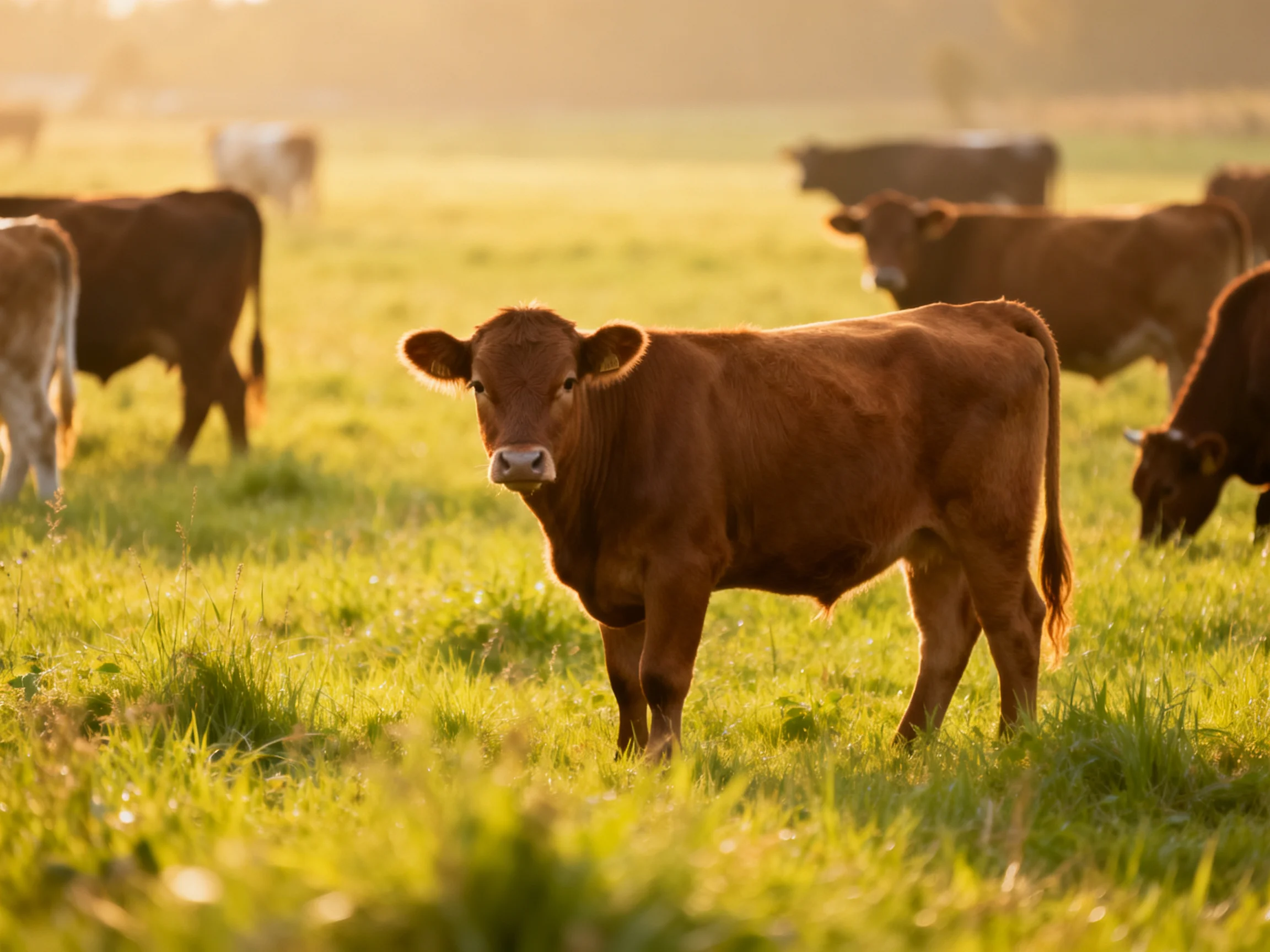 A herd of brown cattle grazes in a sunlit green pasture