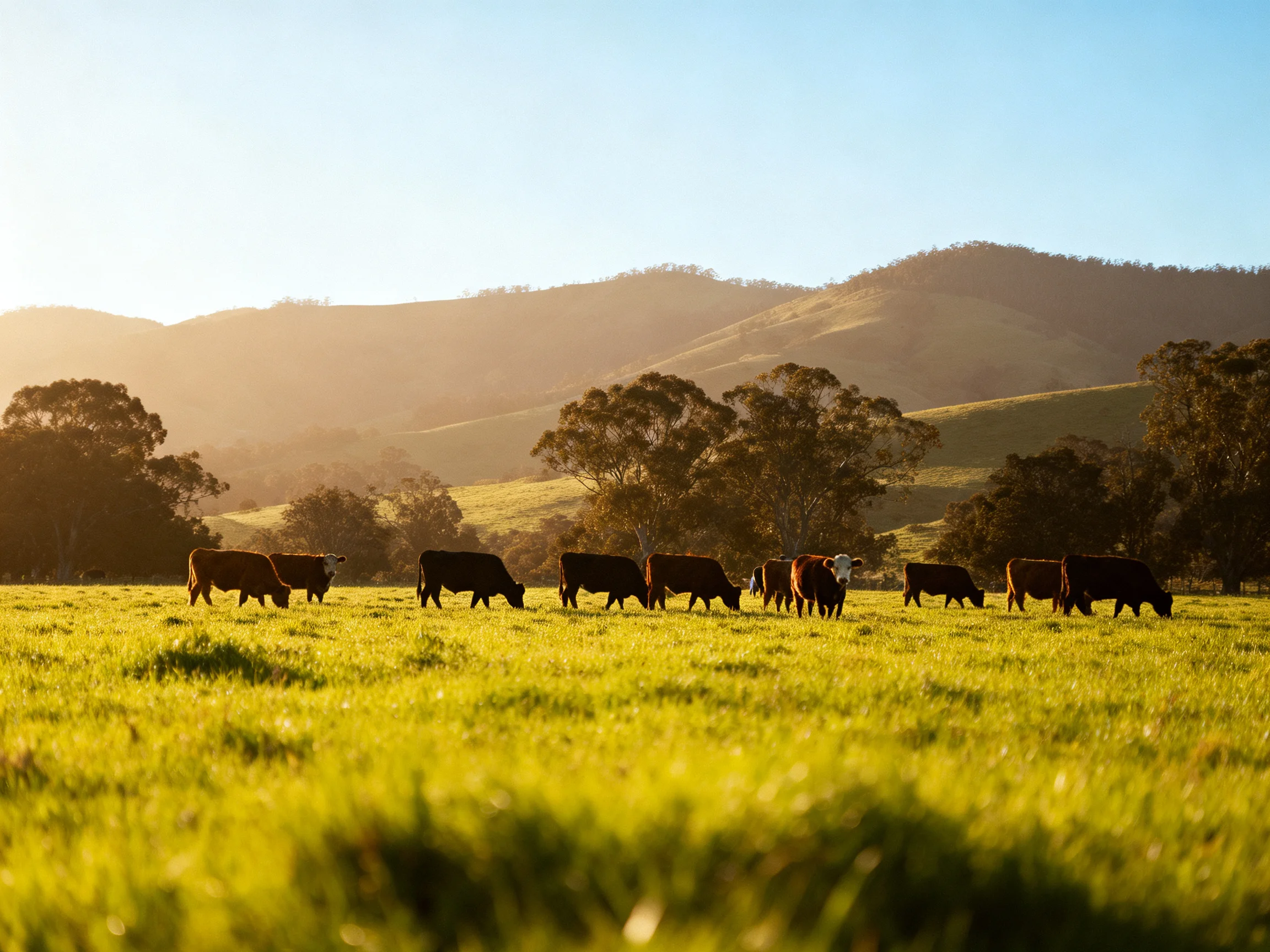 A herd of brown cattle grazes in a sunlit green pasture with rolling hills