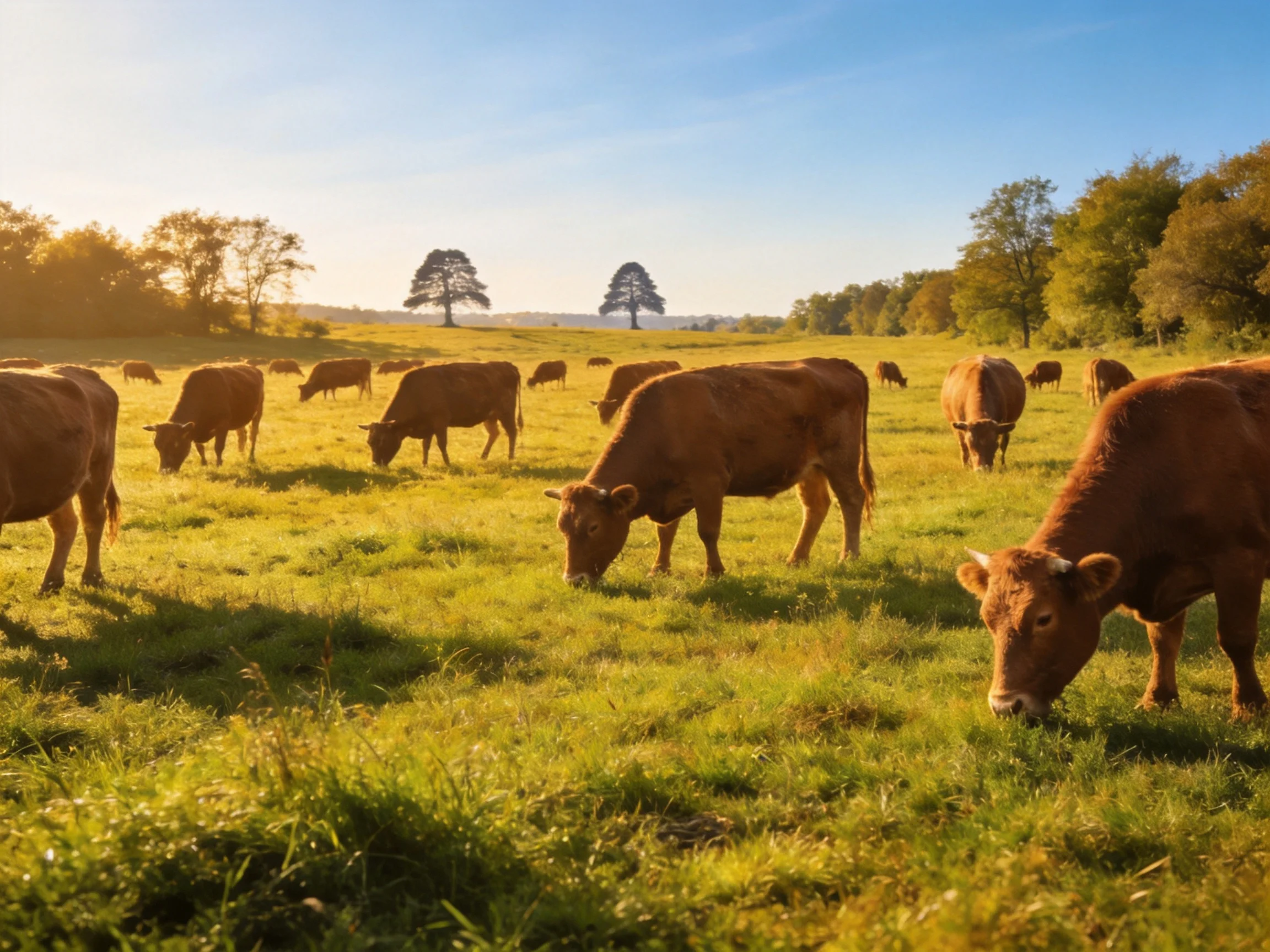 A herd of brown cattle grazes in a sunlit green pasture with scattered trees
