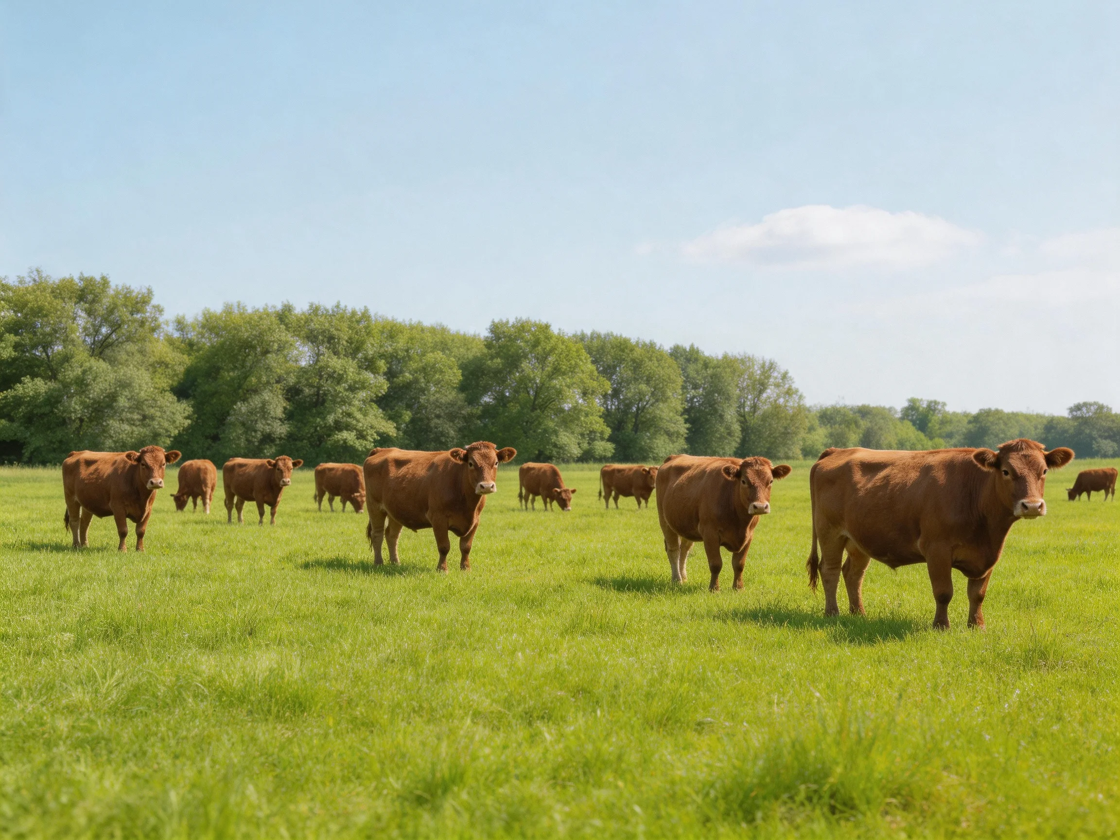 A herd of brown cattle grazing in a lush green pasture