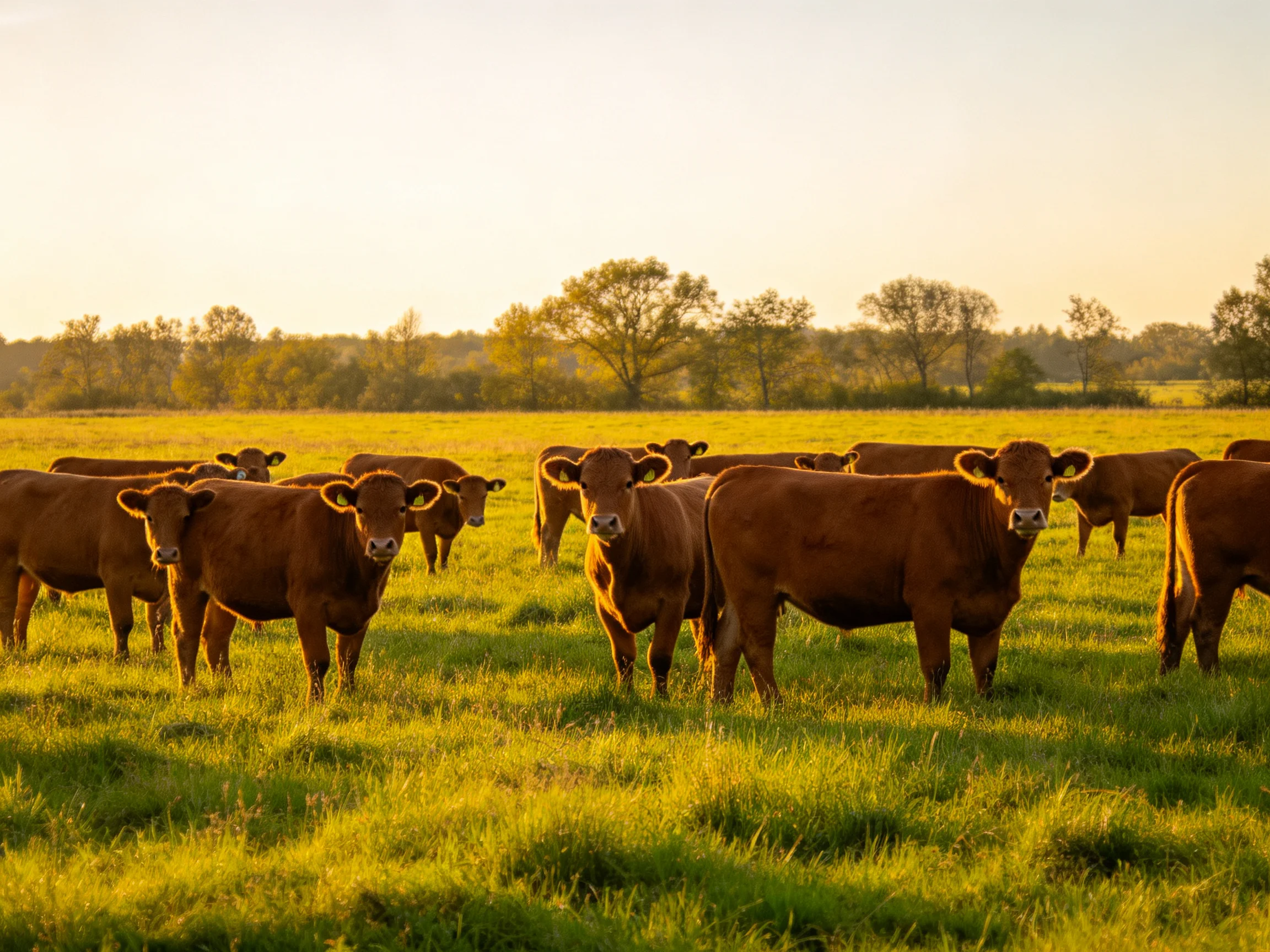 A herd of brown cattle grazing in a sunlit green pasture
