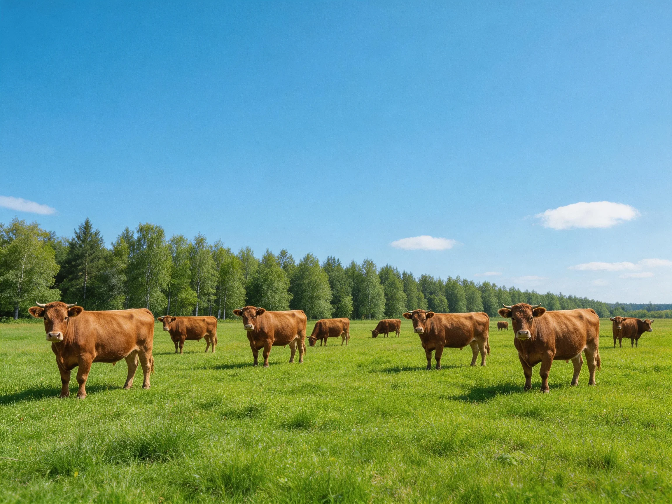 A herd of brown cattle grazing in a verdant green meadow