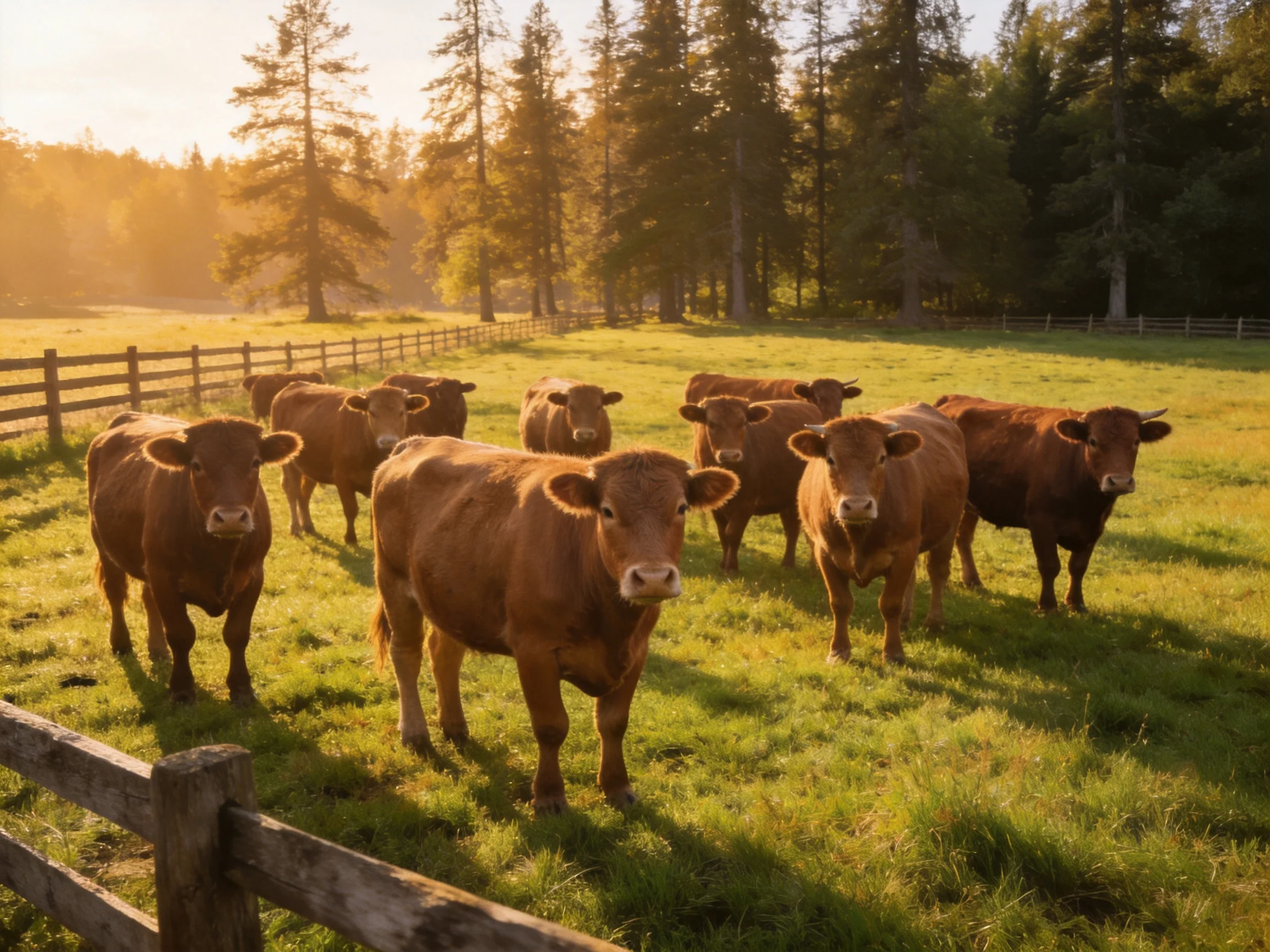 A herd of brown cattle in a sunlit fenced pasture near tall pines