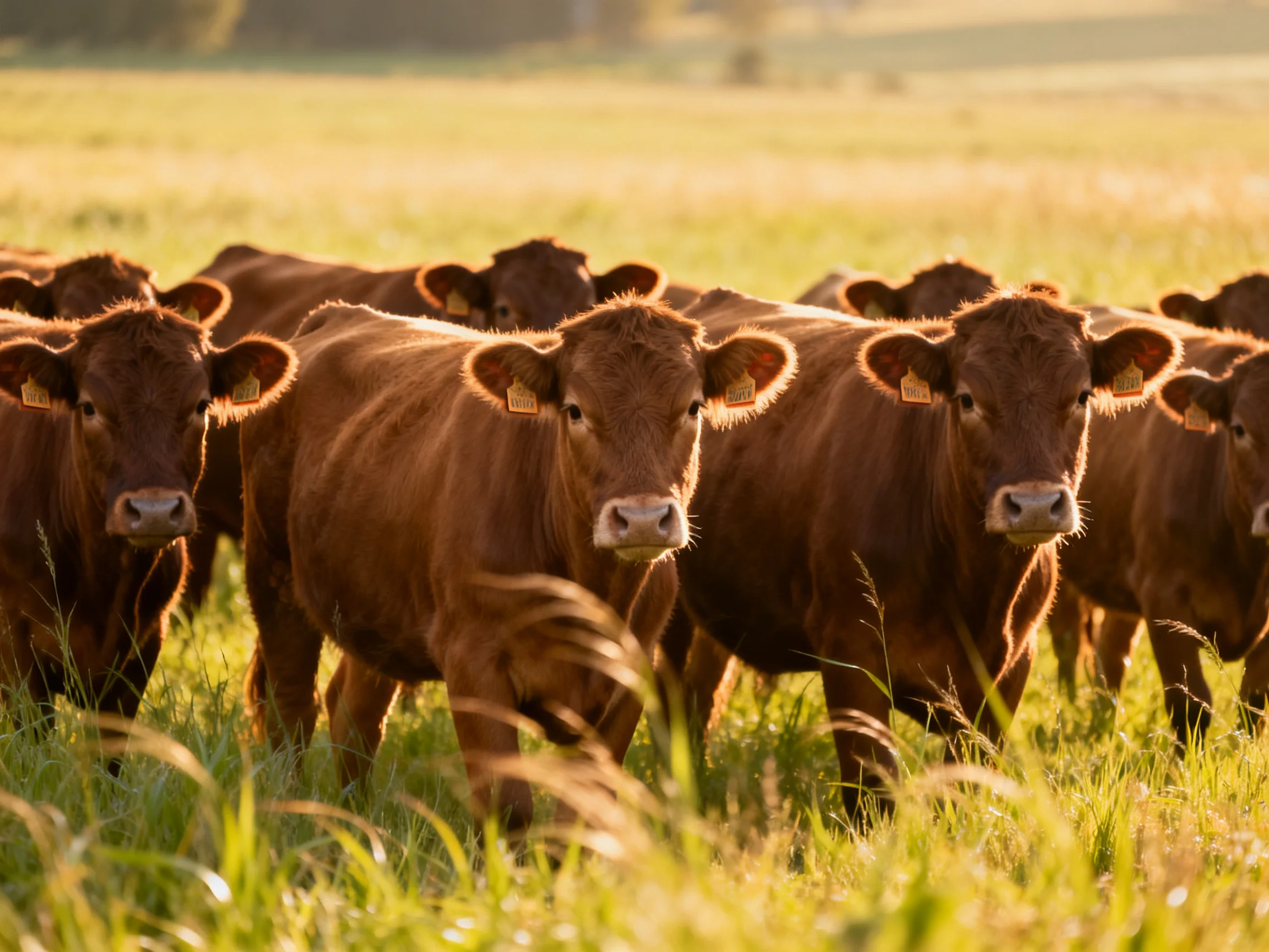A herd of brown cattle in a sunlit green pasture