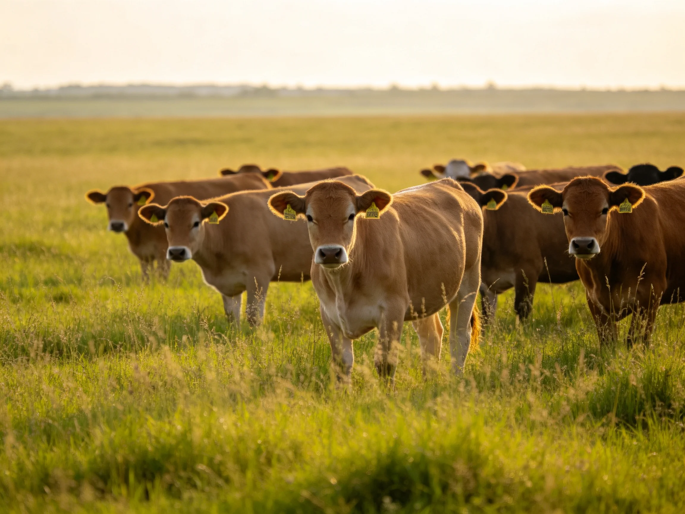A herd of brown cattle in a sunlit green pasture