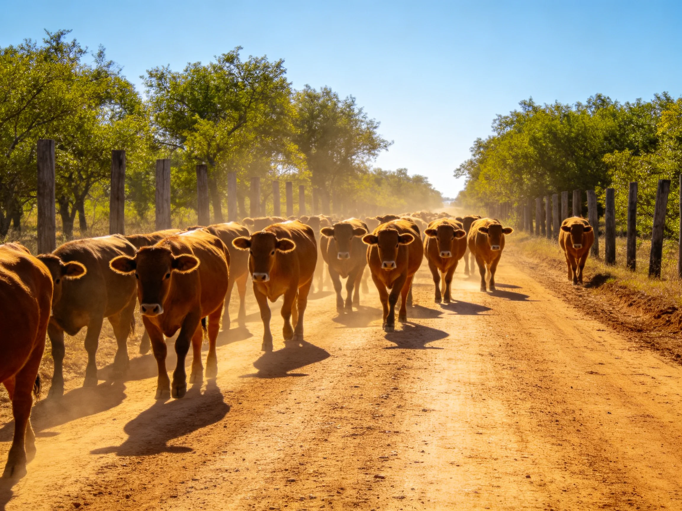 A herd of brown cattle marches along a dusty rural road