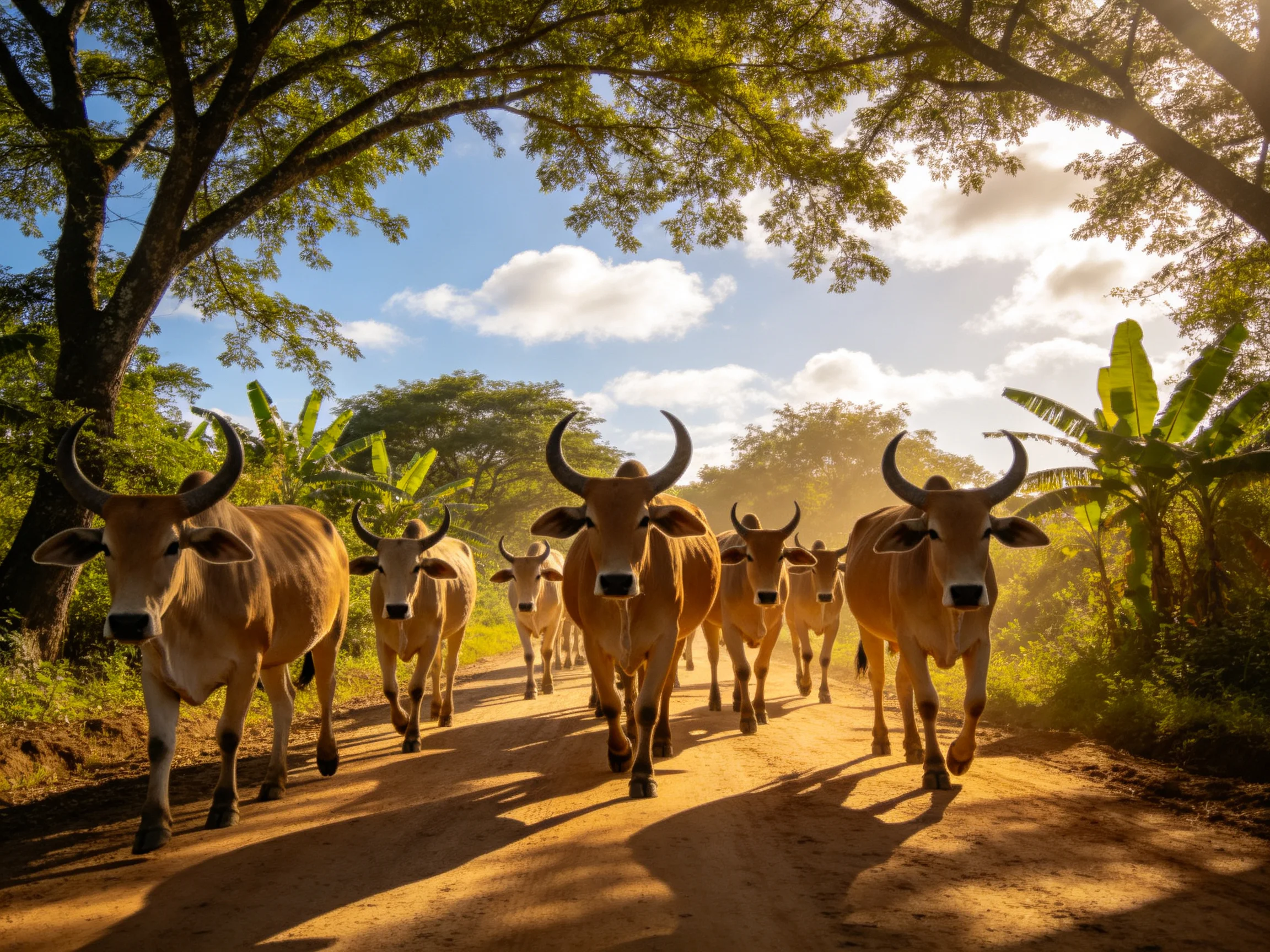 A herd of brown cattle marches along a sunlit dirt path