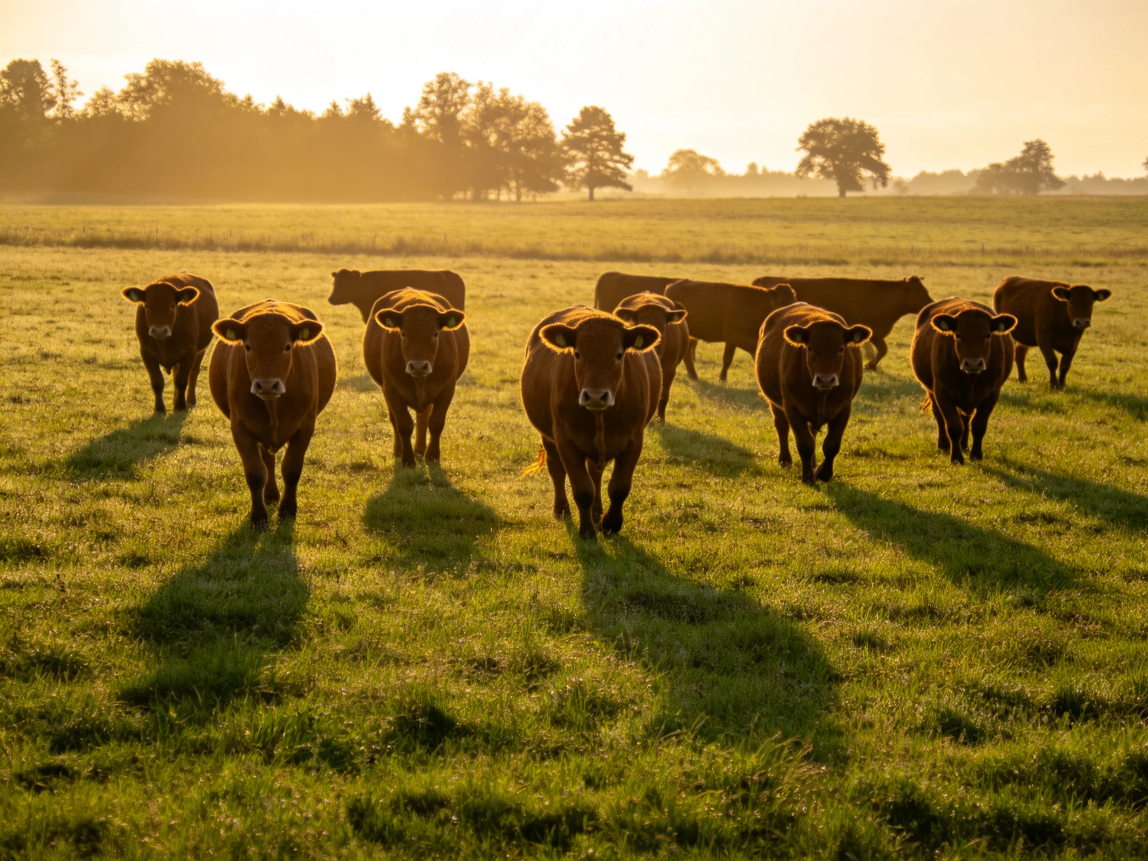 A herd of brown cattle moving through a sun-drenched grassland