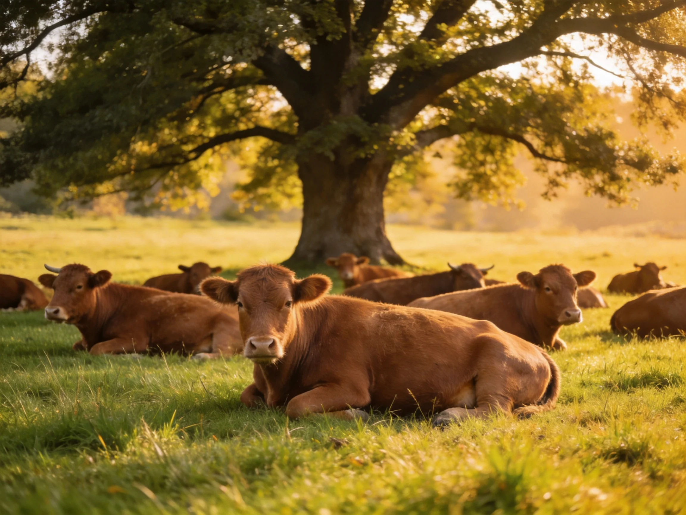 A herd of brown cattle rests in a sunlit meadow by a large oak tree