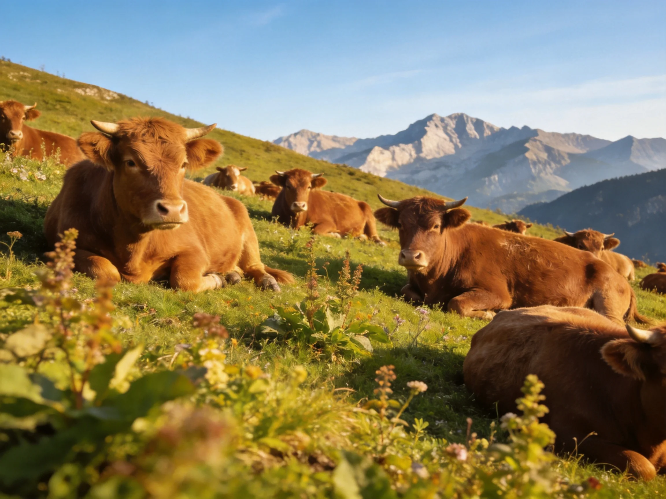 A herd of brown cattle rests on a verdant hillside with towering mountains