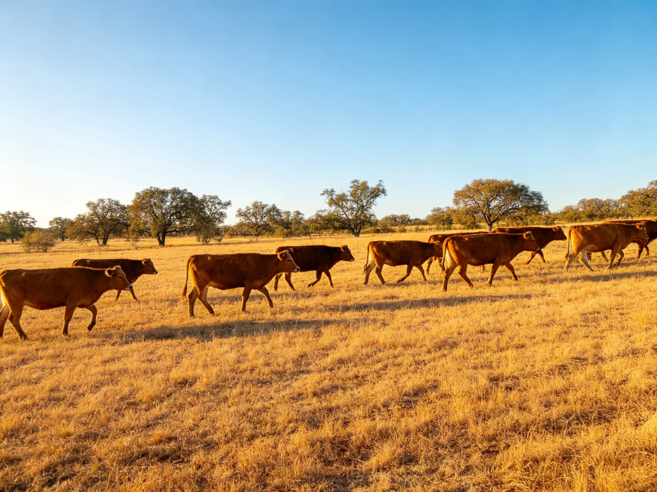 A herd of brown cattle roams a golden field with scattered trees