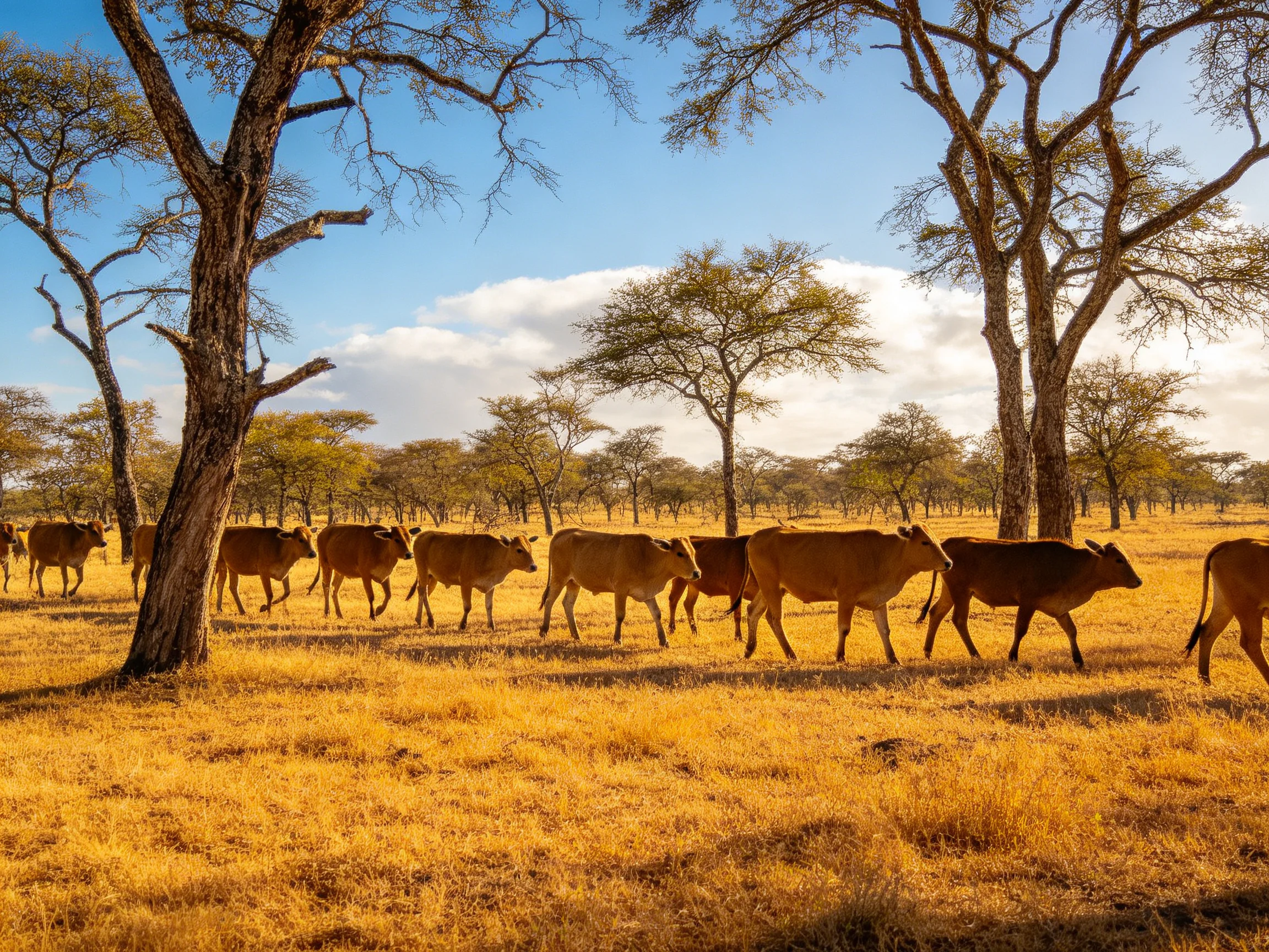 A herd of brown cattle roams golden savannah near acacia trees