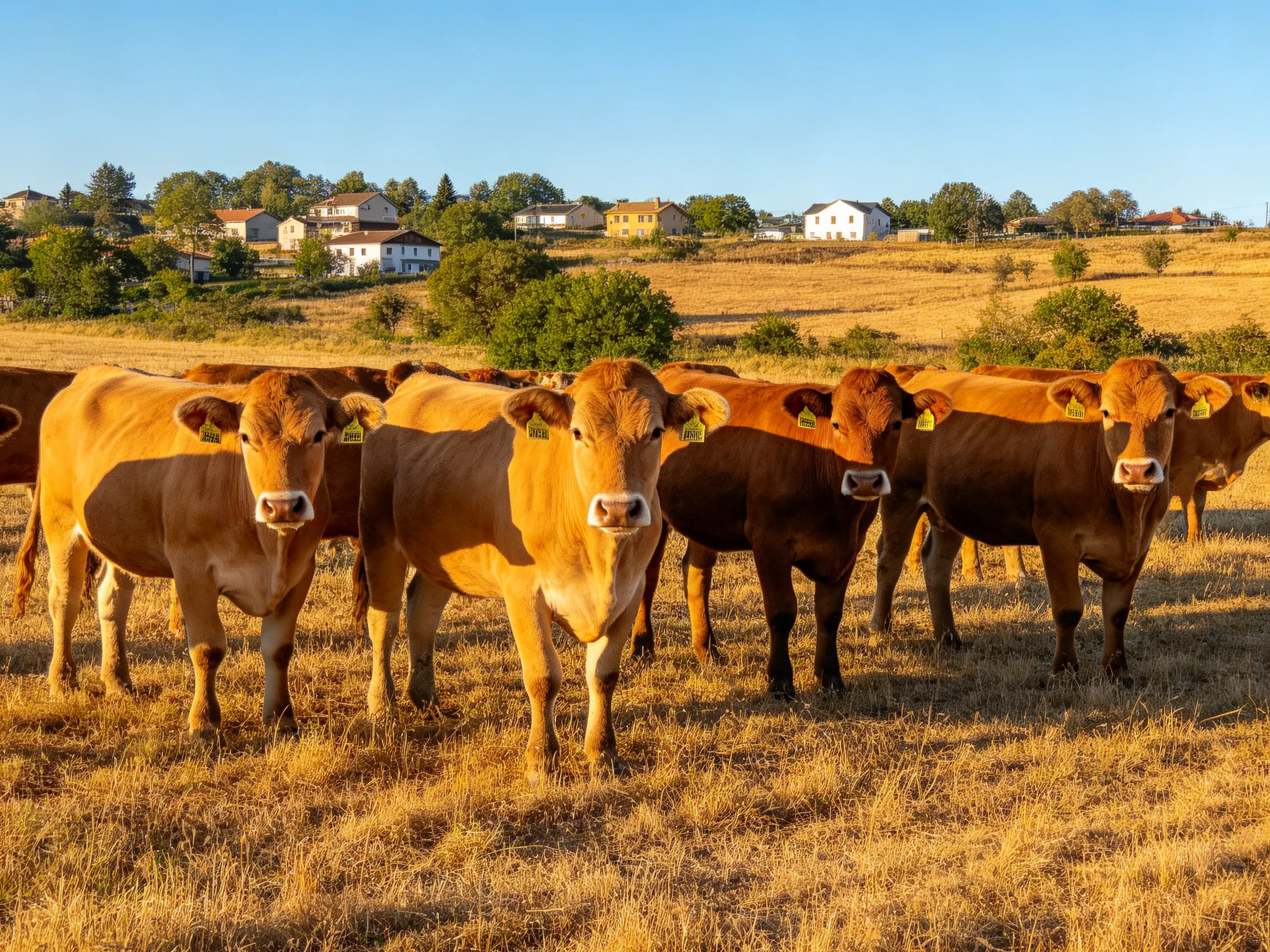 A herd of brown cattle stands in a golden field near rural houses
