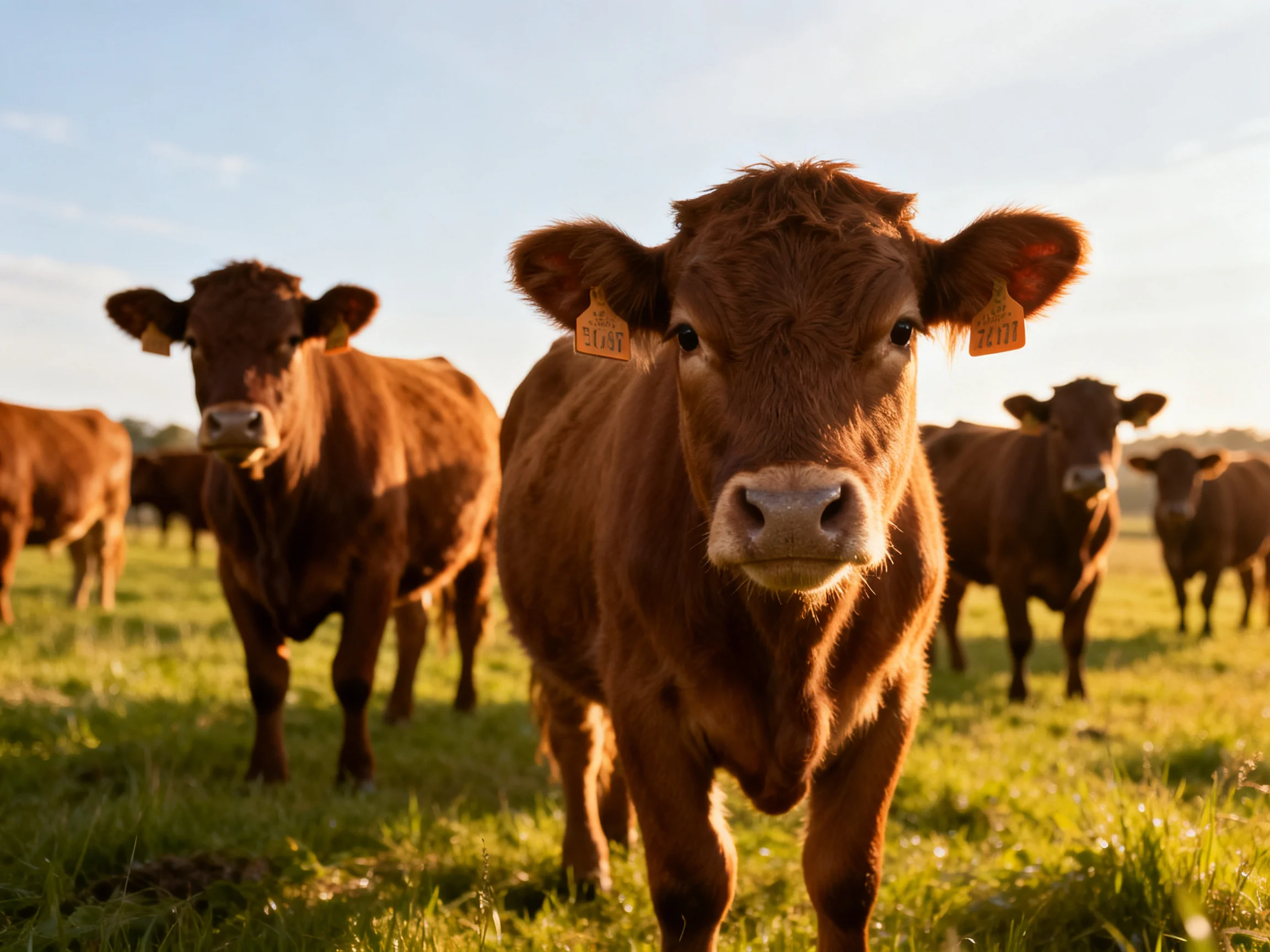 A herd of brown cattle stands in a sunlit green pasture