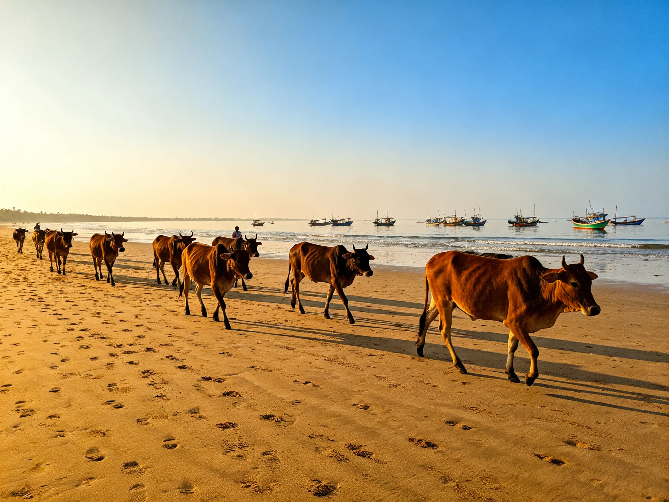 A herd of brown cattle walks along a golden sandy beach near colorful boats